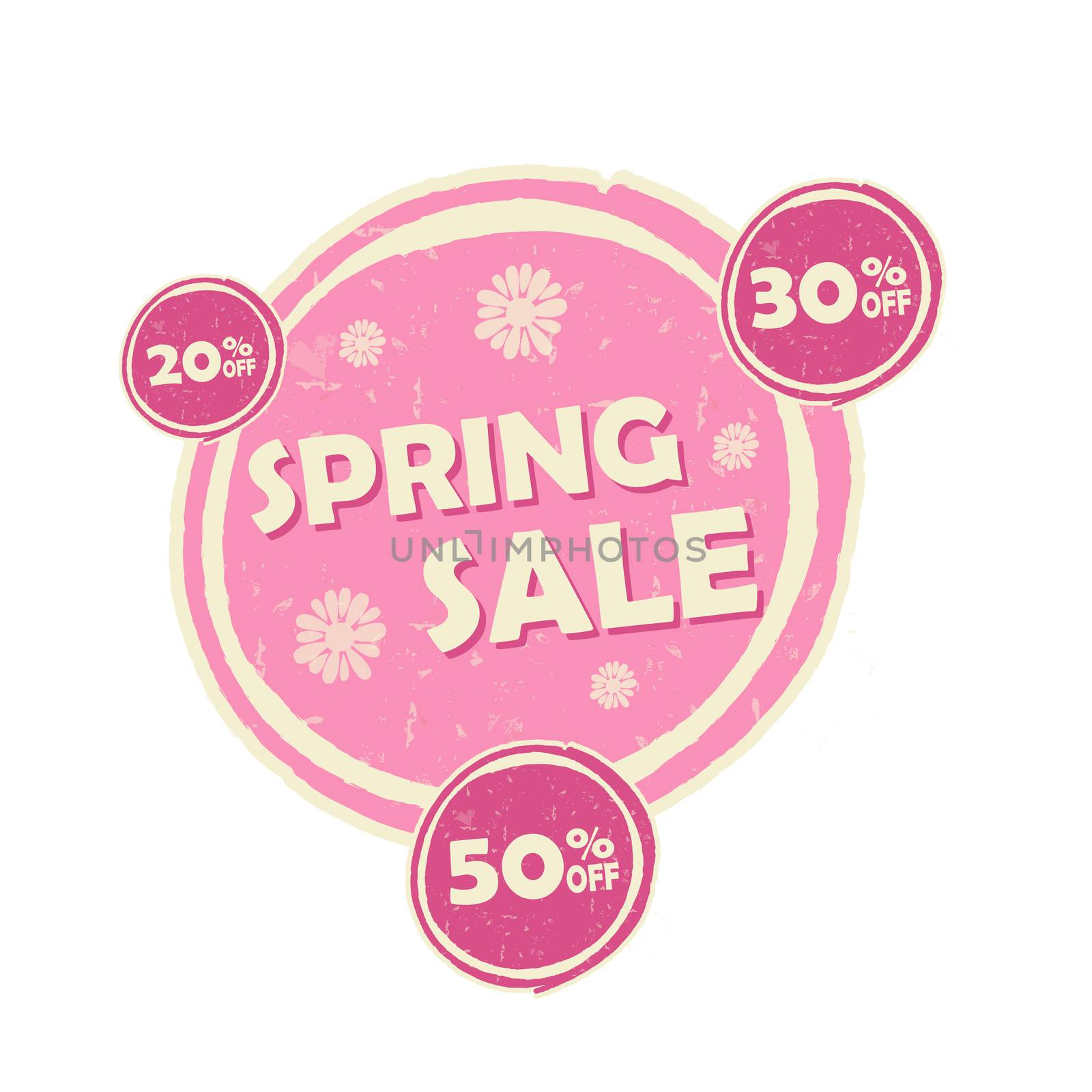 spring sale and 20, 30, 50 percentages off banner - text in pink circular drawn label, business seasonal shopping concept