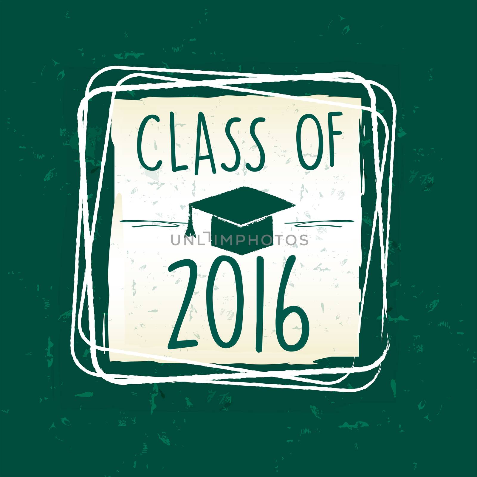 class of 2016 text with graduate cap with tassel - mortarboard, in frame over green old paper background, graduate education concept