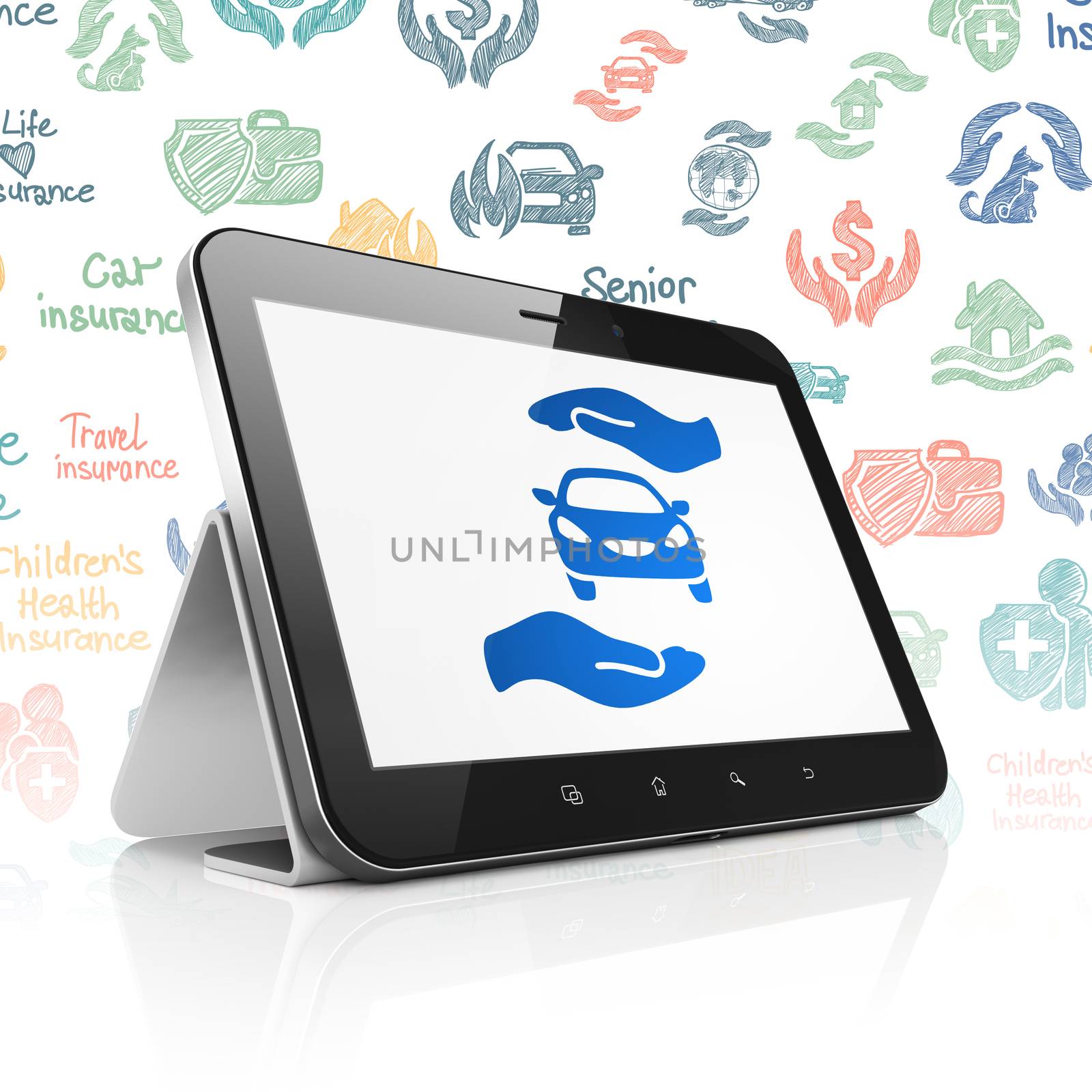 Insurance concept: Tablet Computer with  blue Car And Palm icon on display,  Hand Drawn Insurance Icons background, 3D rendering