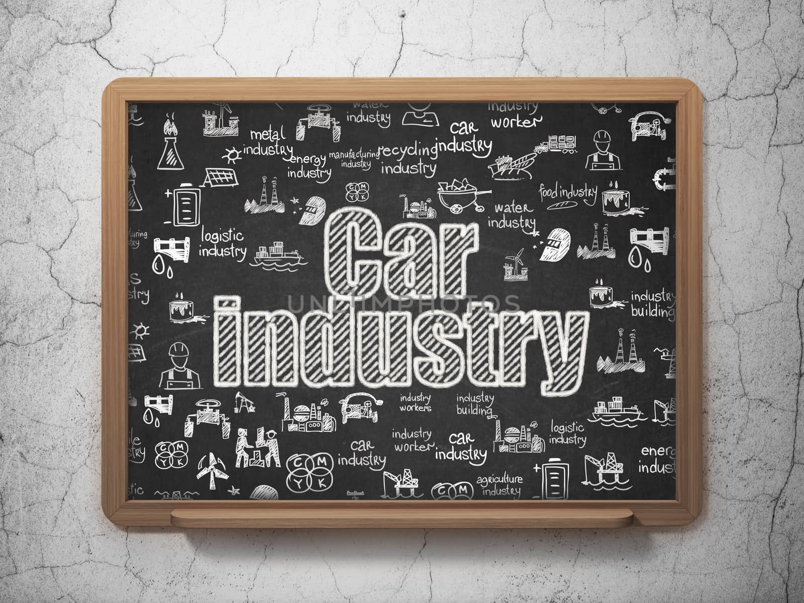 Industry concept: Chalk White text Car Industry on School board background with  Hand Drawn Industry Icons, 3D Rendering