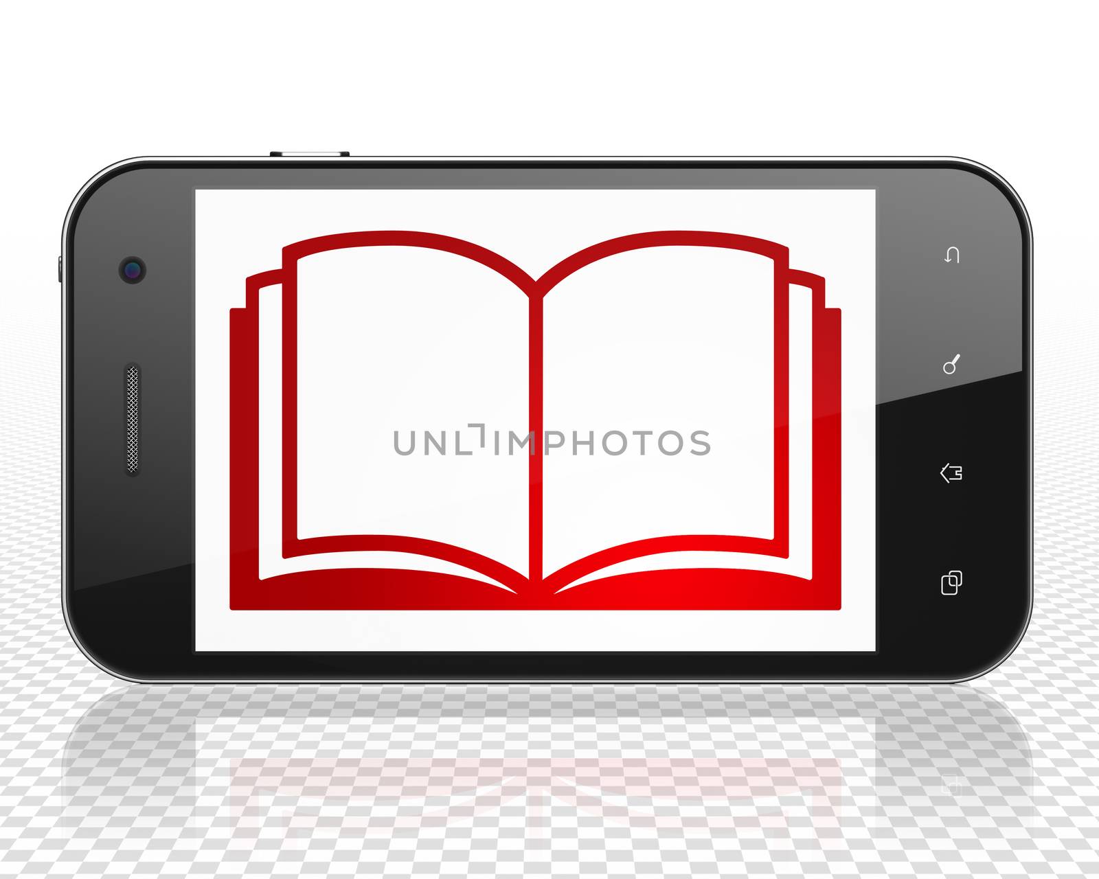 Studying concept: Smartphone with red Book icon on display, 3D rendering