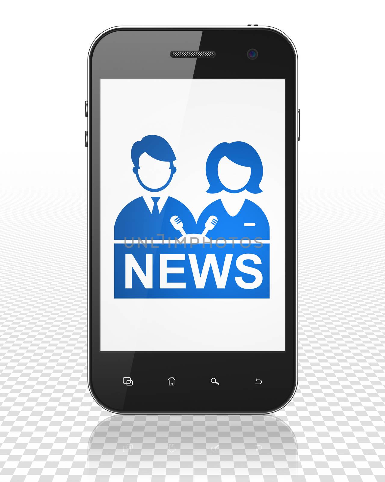 News concept: Smartphone with blue Anchorman icon on display, 3D rendering