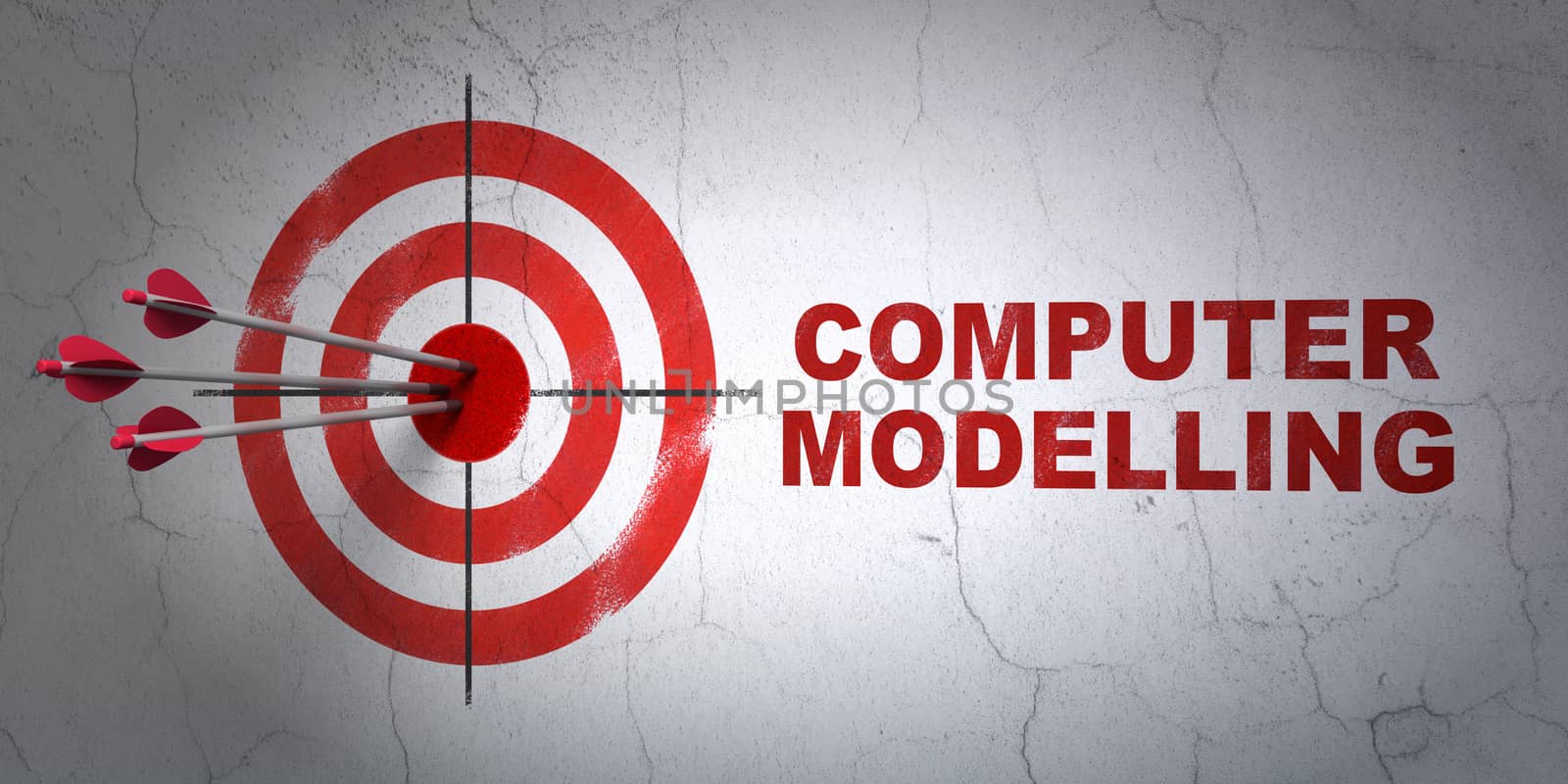 Success Science concept: arrows hitting the center of target, Red Computer Modelling on wall background, 3D rendering