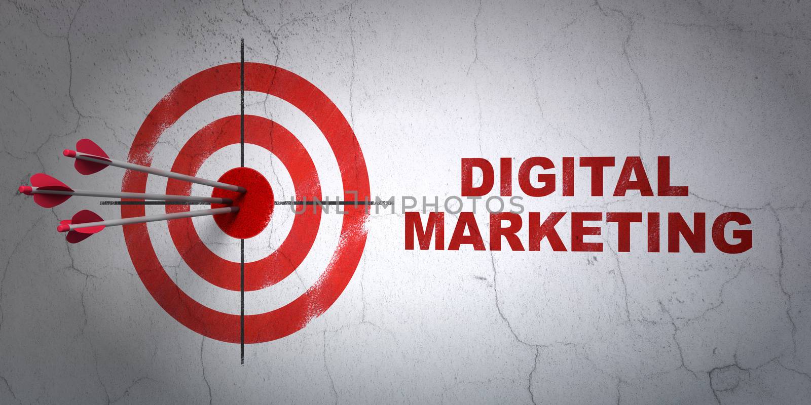 Success marketing concept: arrows hitting the center of target, Red Digital Marketing on wall background, 3D rendering