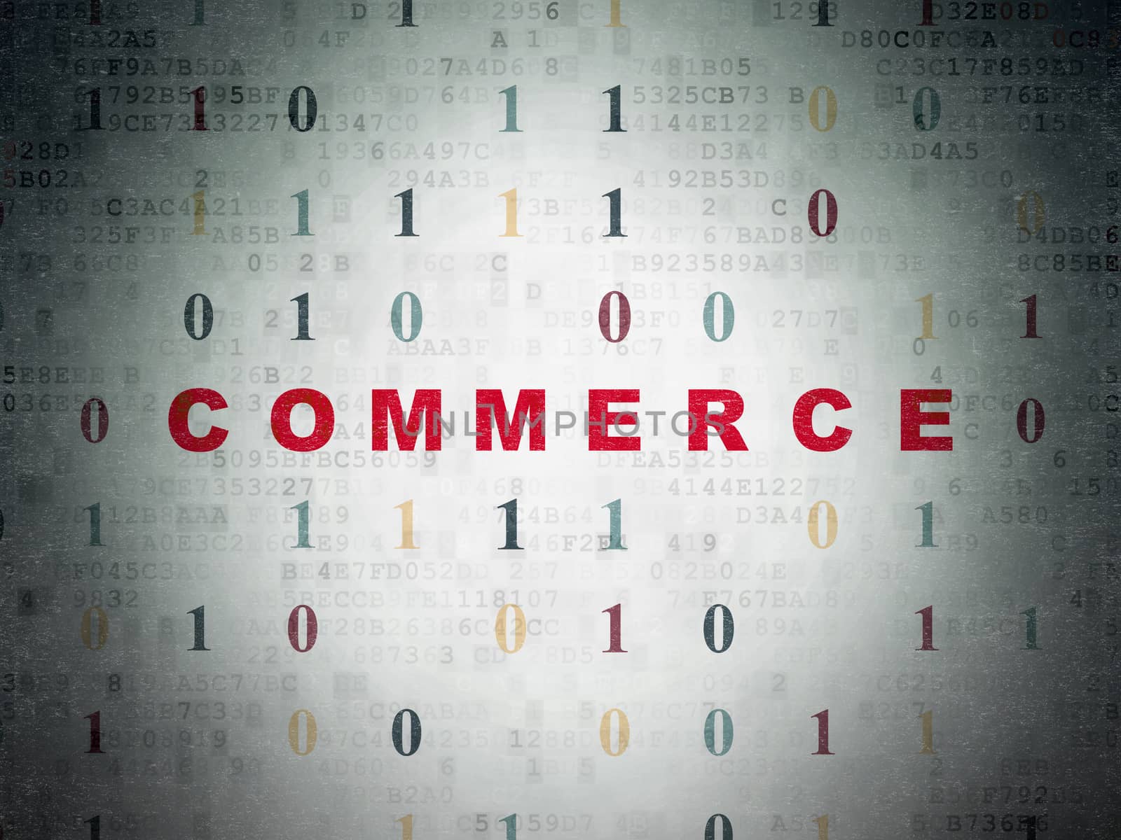 Finance concept: Painted red text Commerce on Digital Data Paper background with Binary Code