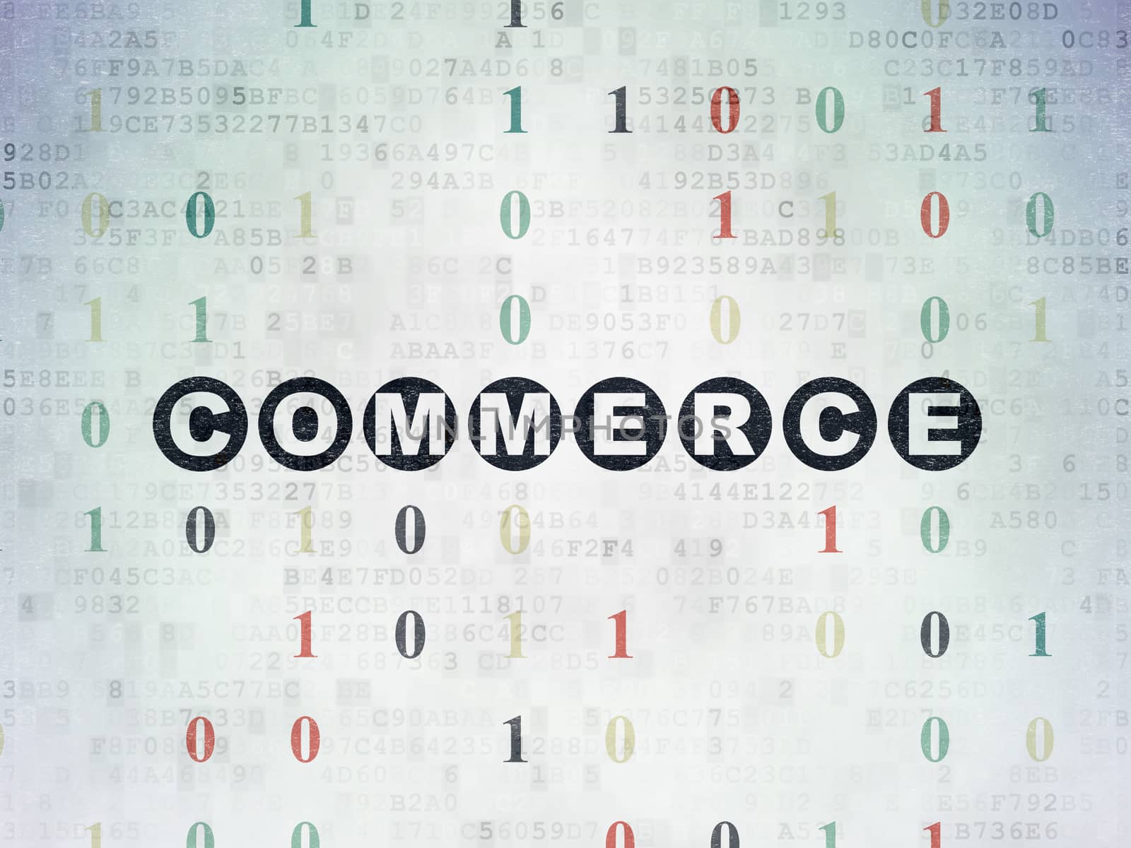 Finance concept: Painted black text Commerce on Digital Data Paper background with Binary Code