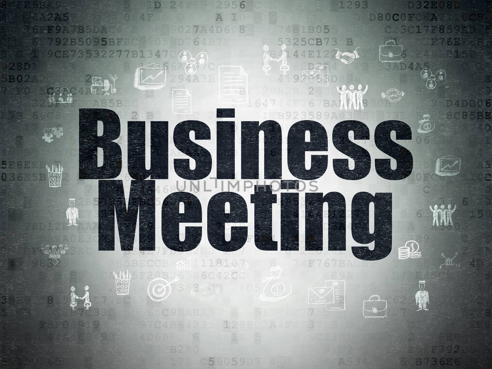 Business concept: Painted black text Business Meeting on Digital Data Paper background with  Hand Drawn Business Icons