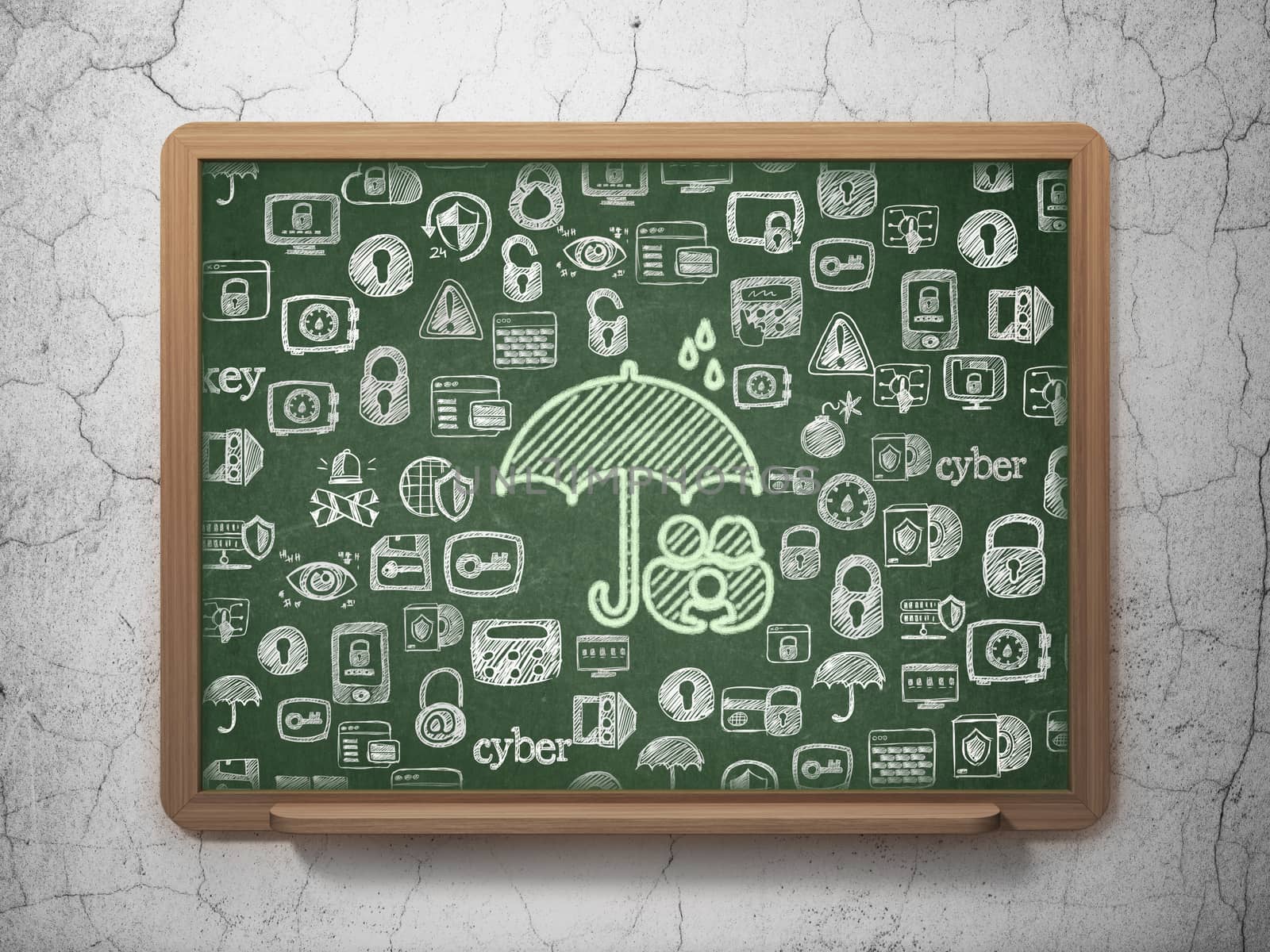 Protection concept: Chalk Green Family And Umbrella icon on School board background with  Hand Drawn Security Icons, 3D Rendering