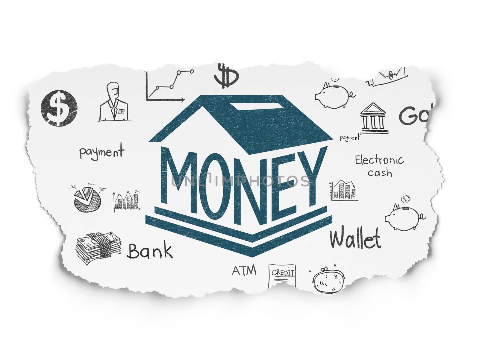Money concept: Painted blue Money Box icon on Torn Paper background with  Hand Drawn Finance Icons