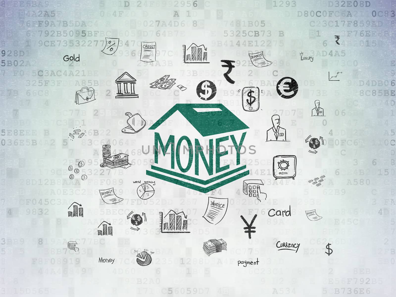 Banking concept: Painted green Money Box icon on Digital Data Paper background with  Hand Drawn Finance Icons