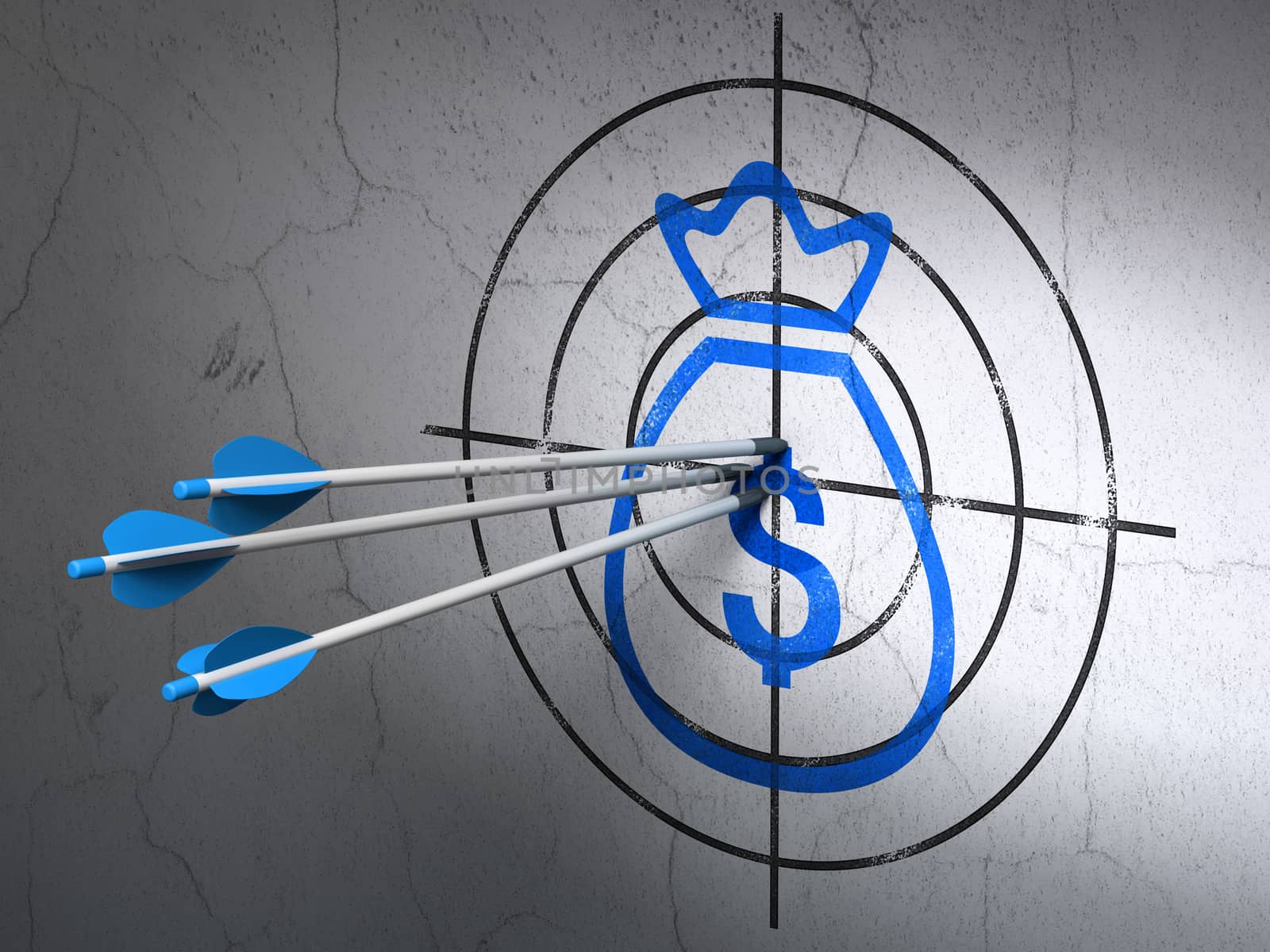 Success money concept: arrows hitting the center of Blue Money Bag target on wall background, 3D rendering