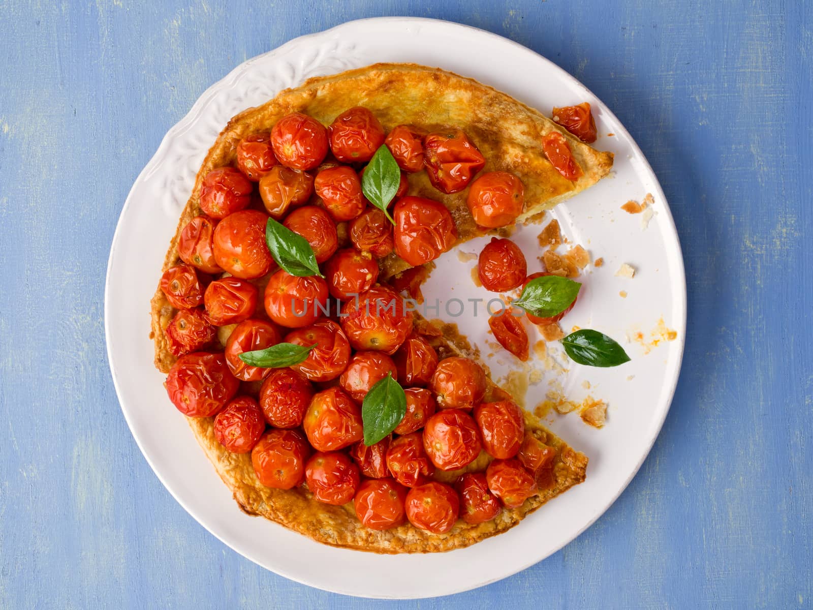 close up of rustic cherry tomato tarte tatin