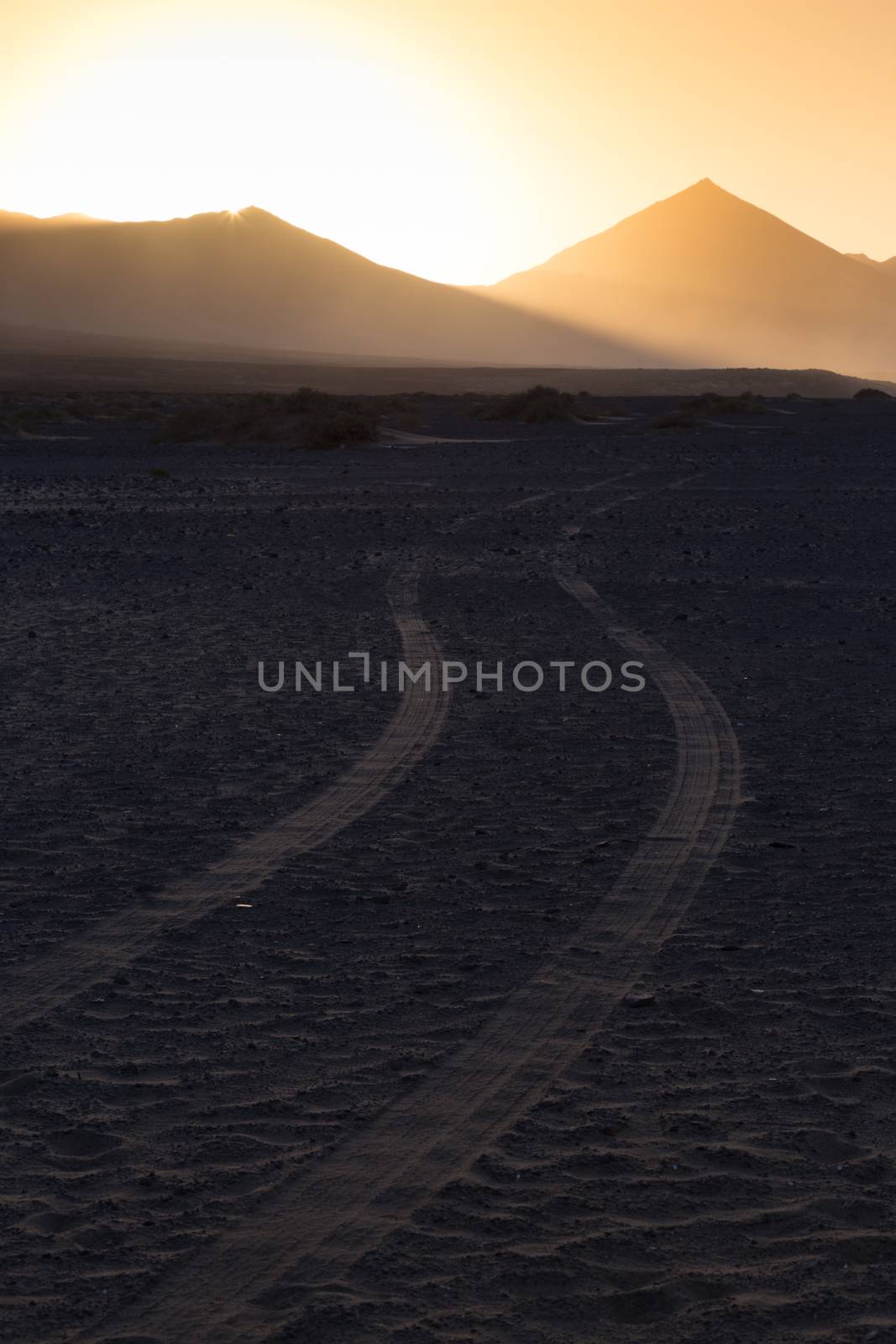 Car tire tracks in sand. Dirt road vanishing to the mountains sunlit in sunset. Copy space for text. Vertical composition.