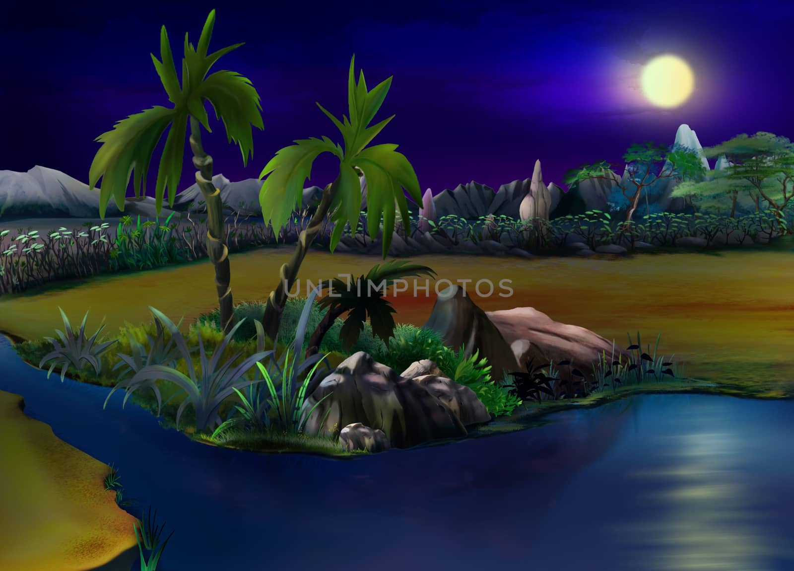 Two Palm Trees in the Desert Oasis. Night. by Multipedia