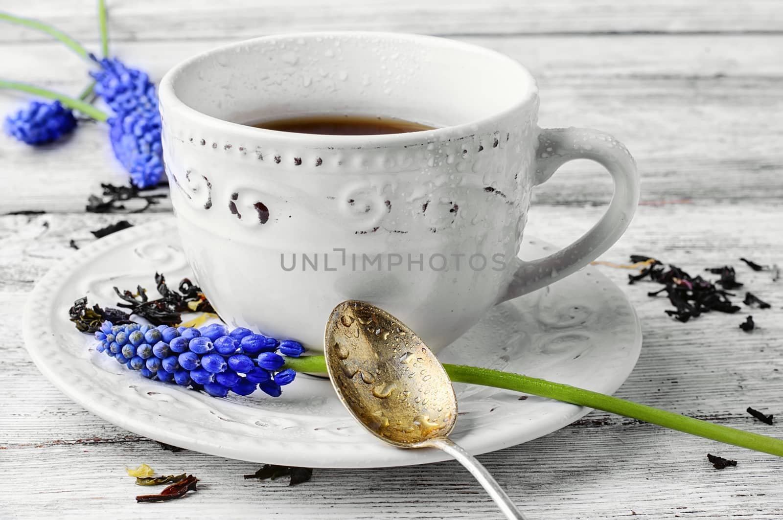 Stylish ceramic tea cup and blossoming twigs hyacinth