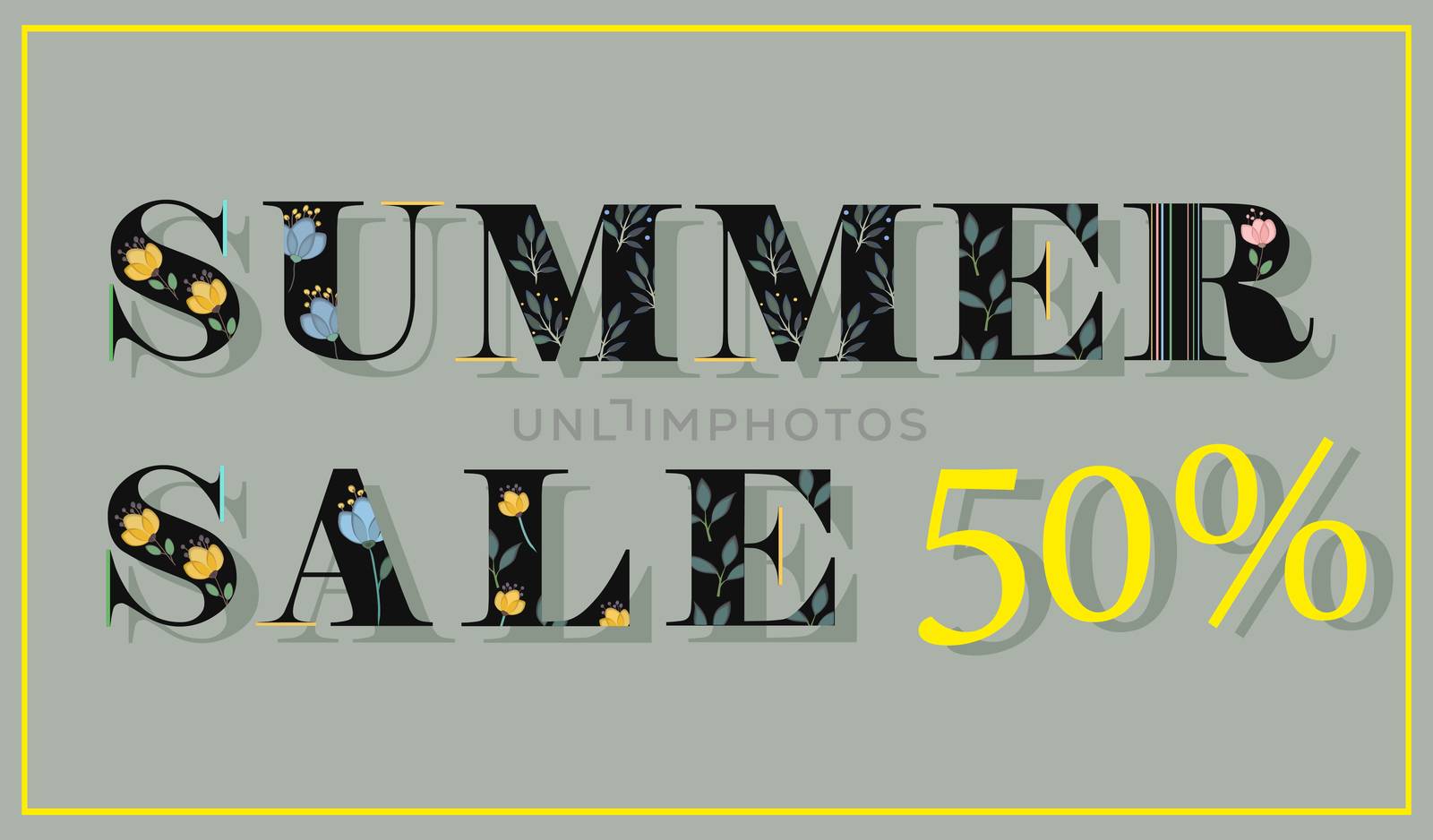 Elegance Inscription Summer Sale 50 percents. Black floral letters. Illustration.