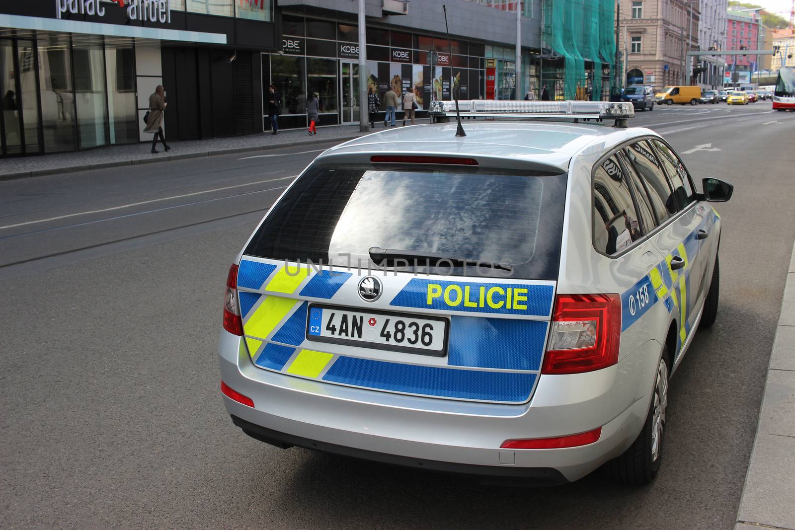 Prague, Czech Republic - April 22, 2016: Skoda Octavia Police Car Parked on the Street in Prague (rear view), Nobody in vehicles
