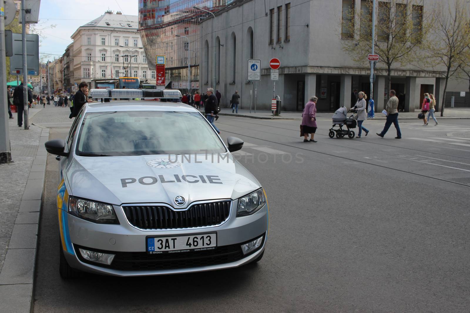 Prague, Czech Republic - April 22, 2016: Skoda Octavia Police Car Parked on the Street in Prague, Nobody in vehicles