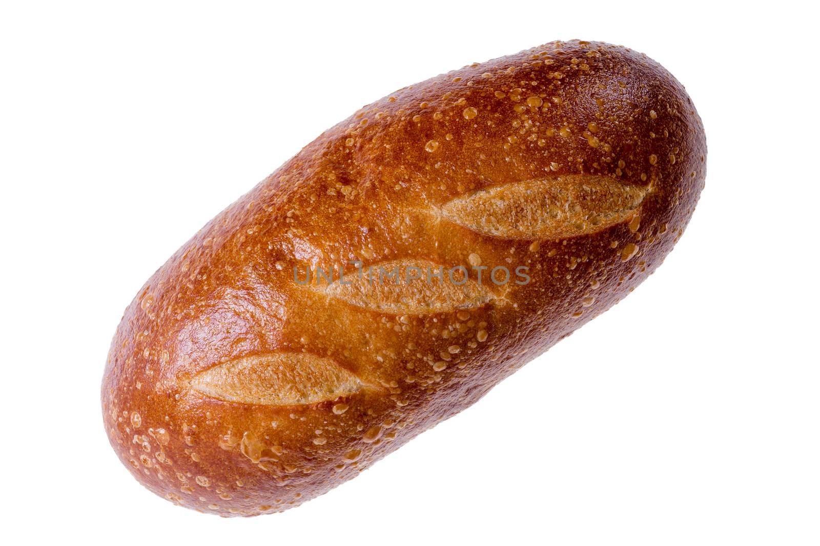 Rounded delicious crusty loaf of freshly baked sourdough bread isolated on white in a diagonal overhead view