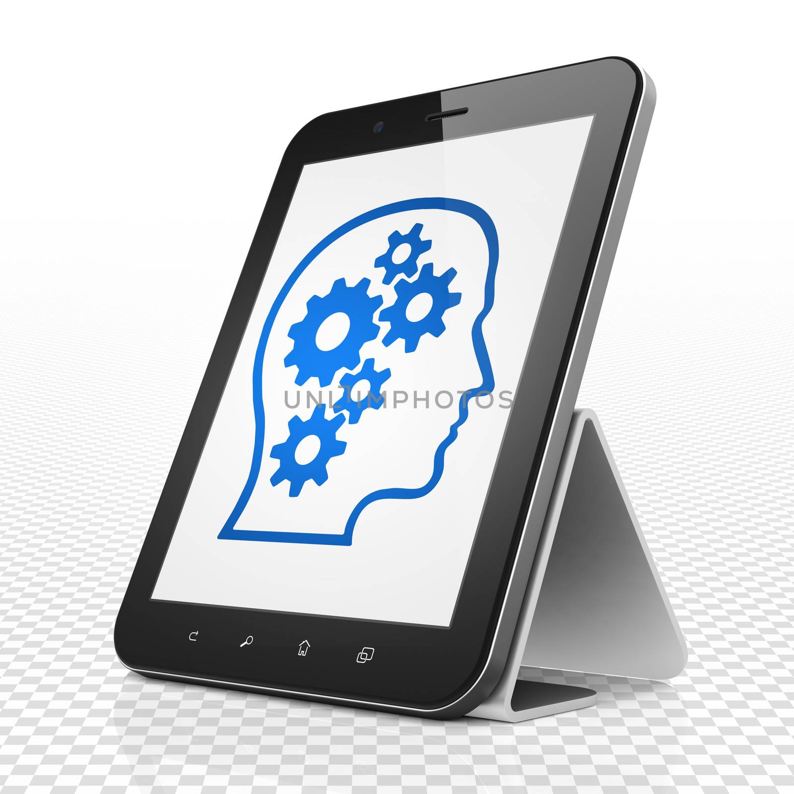 Learning concept: Tablet Computer with Head With Gears on display by maxkabakov