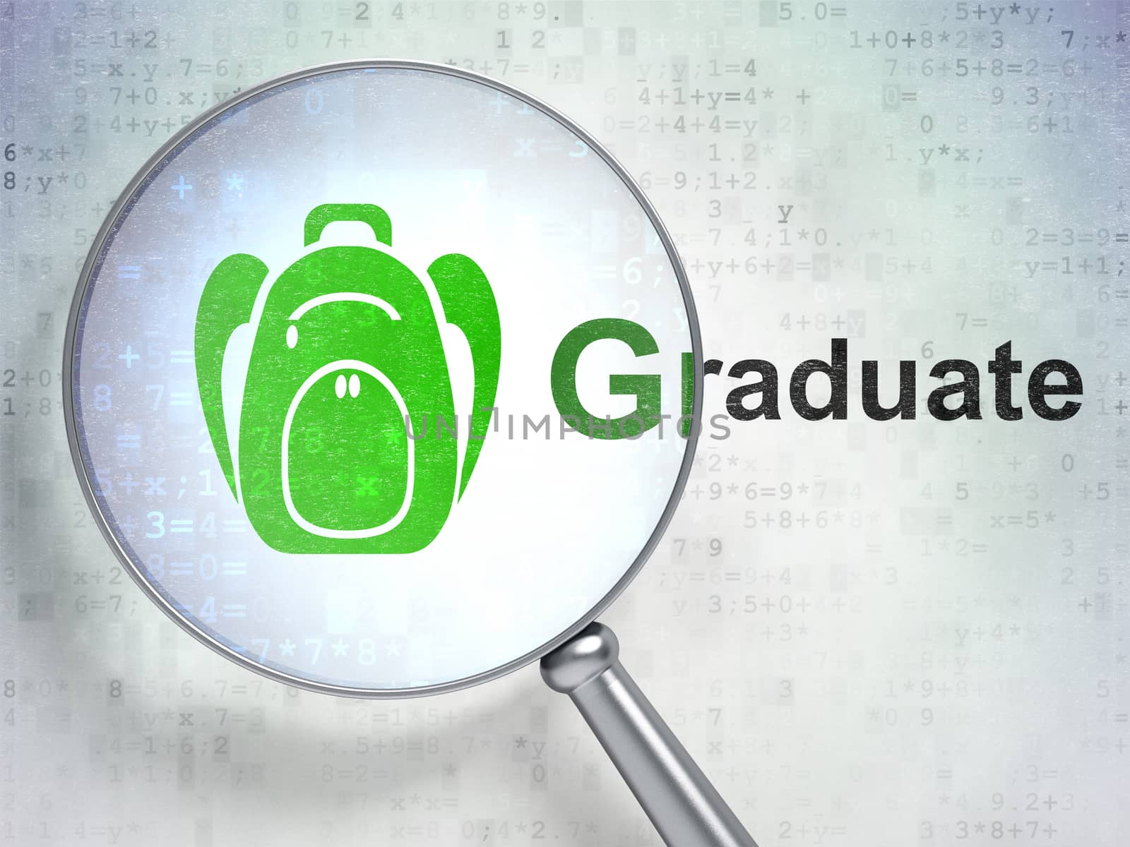 Studying concept: magnifying optical glass with Backpack icon and Graduate word on digital background, 3D rendering
