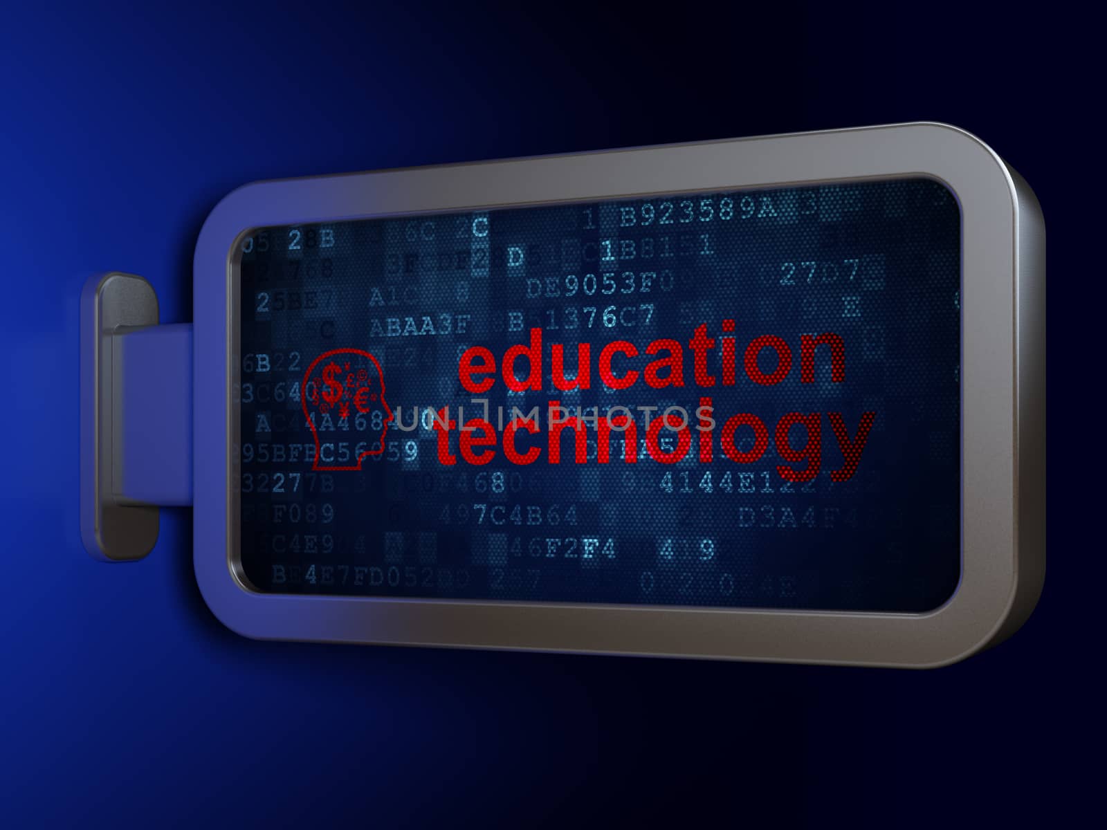Studying concept: Education Technology and Head With Finance Symbol on advertising billboard background, 3D rendering