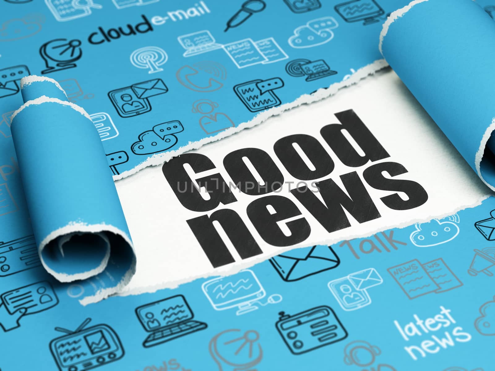 News concept: black text Good News under the curled piece of Blue torn paper with  Hand Drawn News Icons, 3D rendering