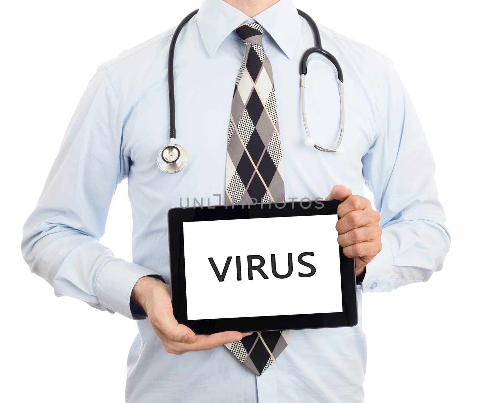 Doctor, isolated on white backgroun,  holding digital tablet - Virus