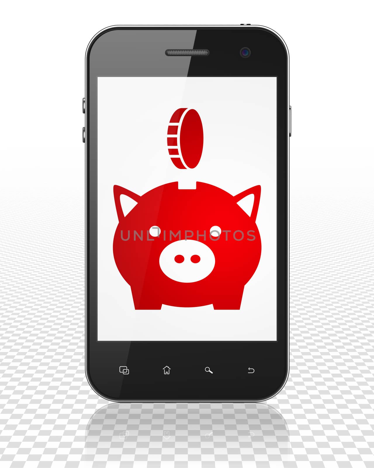 Banking concept: Smartphone with red Money Box With Coin icon on display, 3D rendering