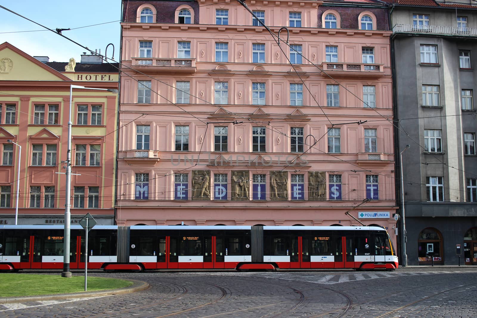 Prague, Czech Republic - April 24, 2016: Modern Articulated City Tramway Skoda 15T (Skoda ForCity Alfa) at the Prague Street