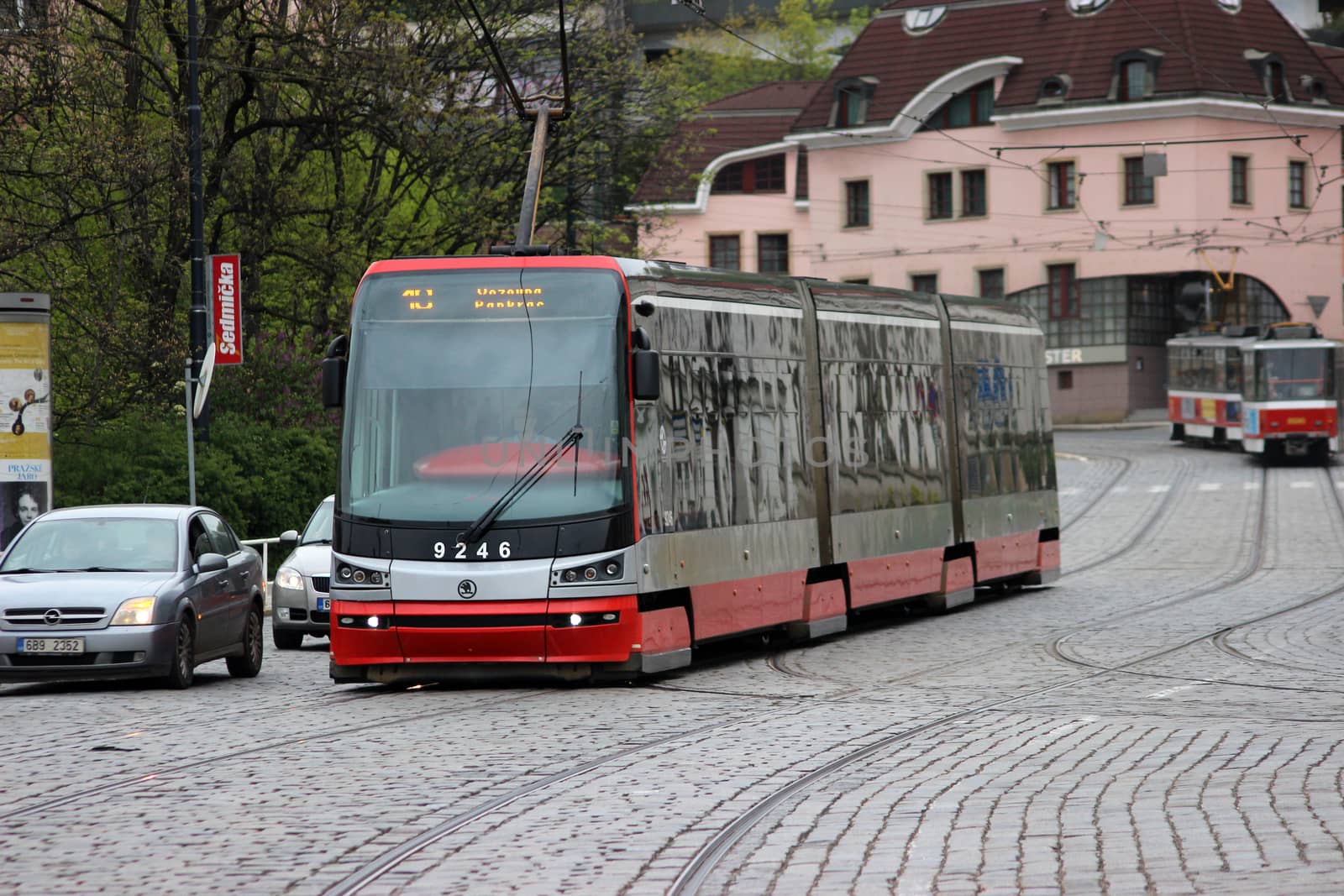 Prague, Czech Republic - April 23, 2016: Modern Articulated City Tramway Skoda 15T (Skoda ForCity Alfa) at the Prague Street