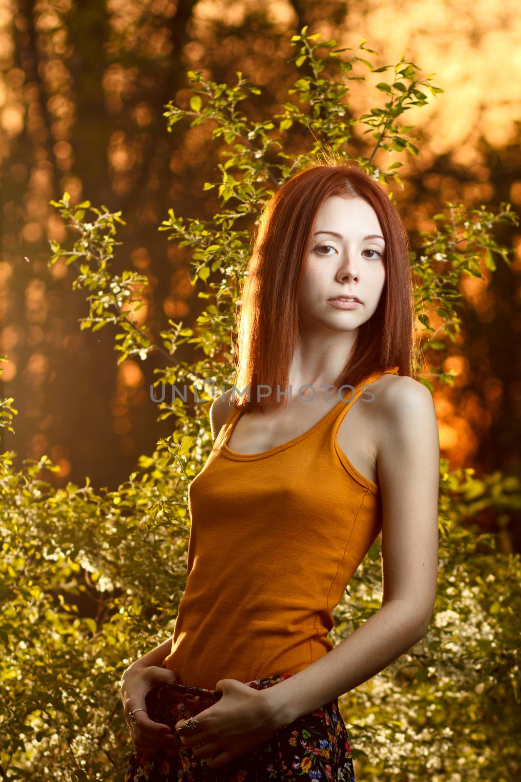 Redhead girl walking under sunset rays in forest by mrakor