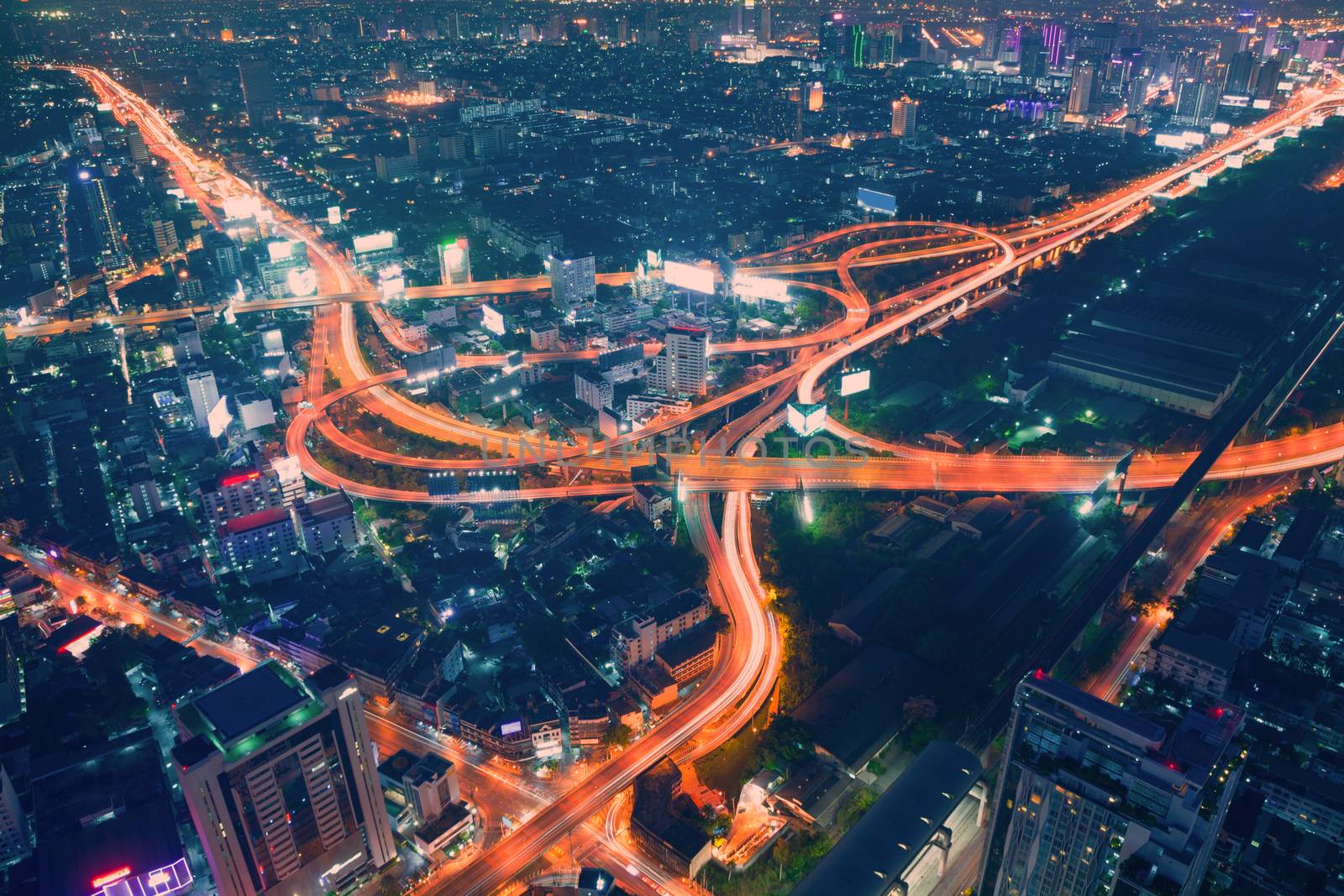 Bangkok Expressway ro Autobahn at night or Twilight, Aerial Scenic view 