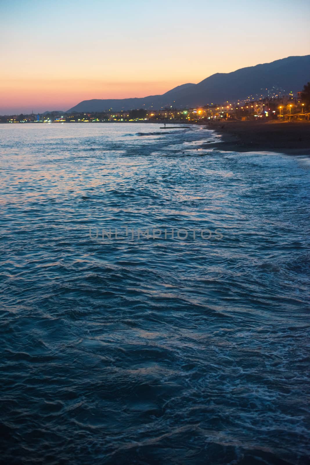 Blue sea with waves in the evening