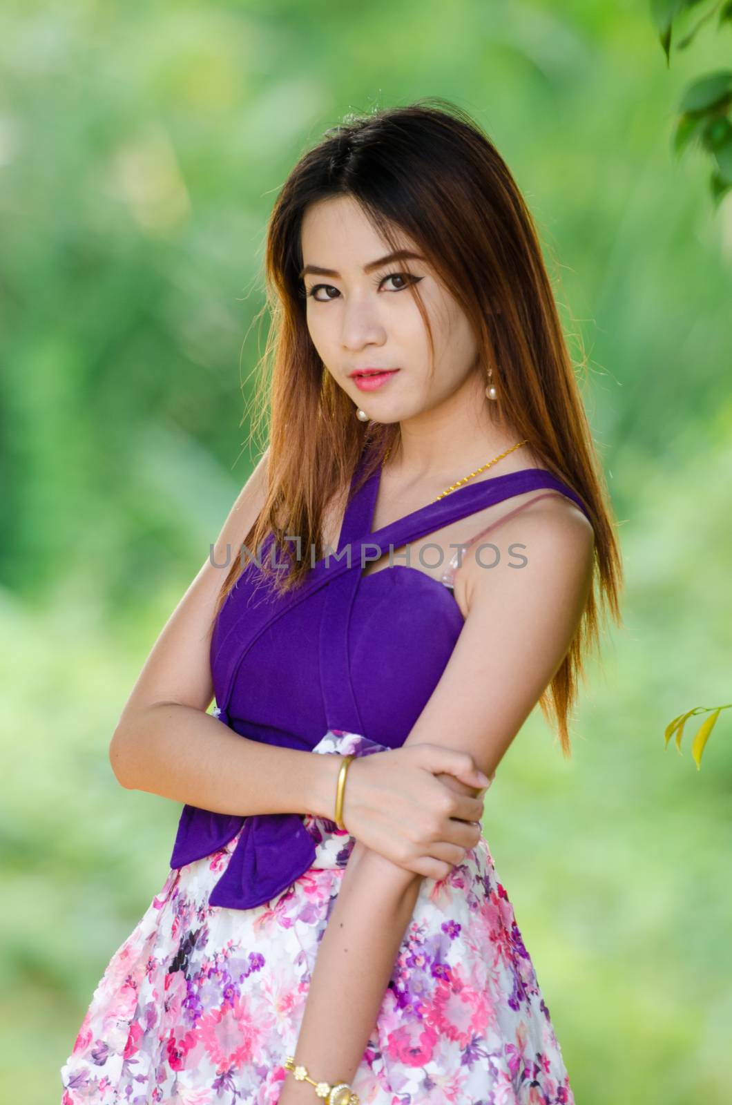 Portrait of a Asian woman wearing dress beauty fashion in summer.