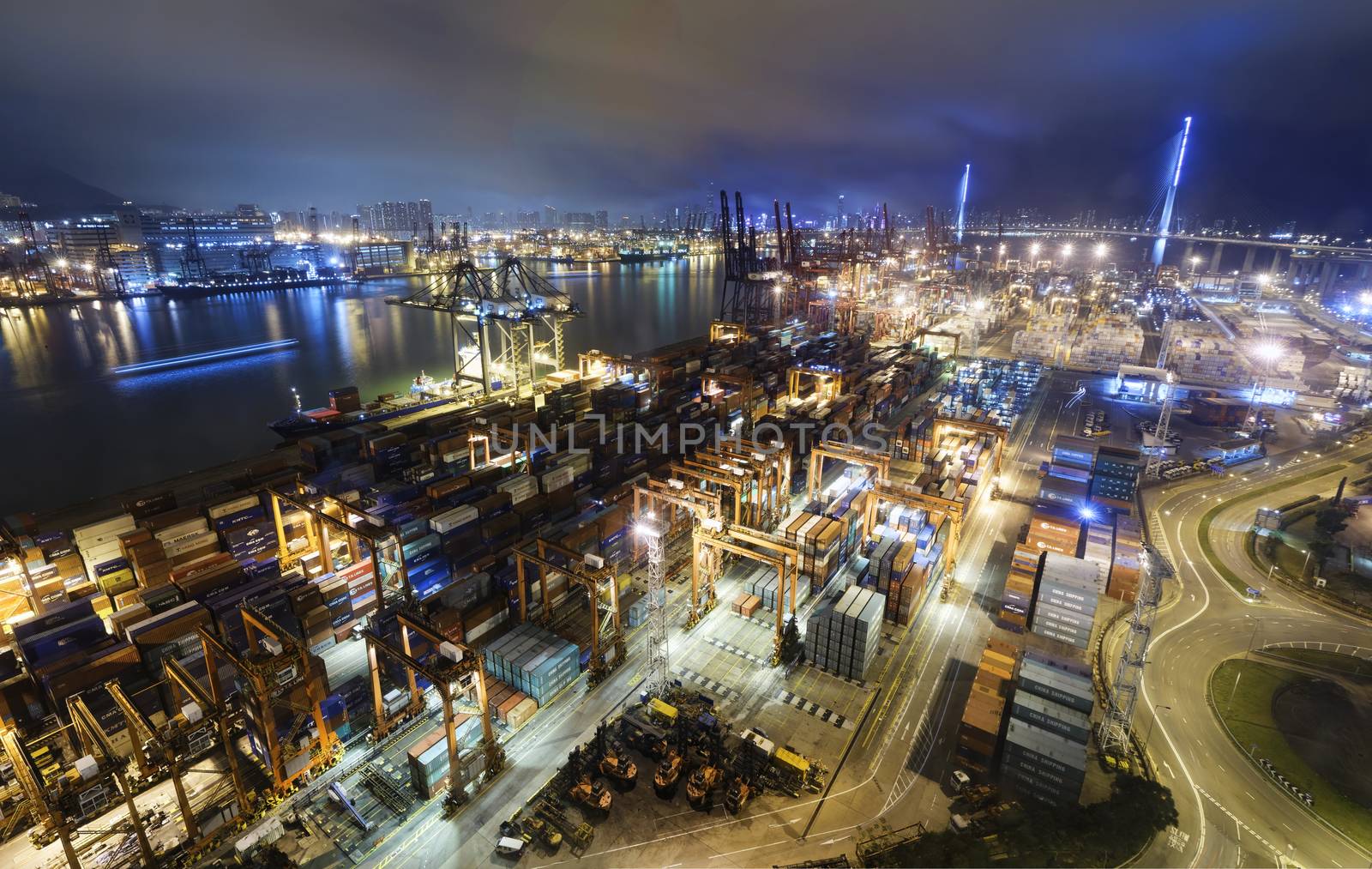 Cargo ship and crane at port reflect on sea bay, by cozyta