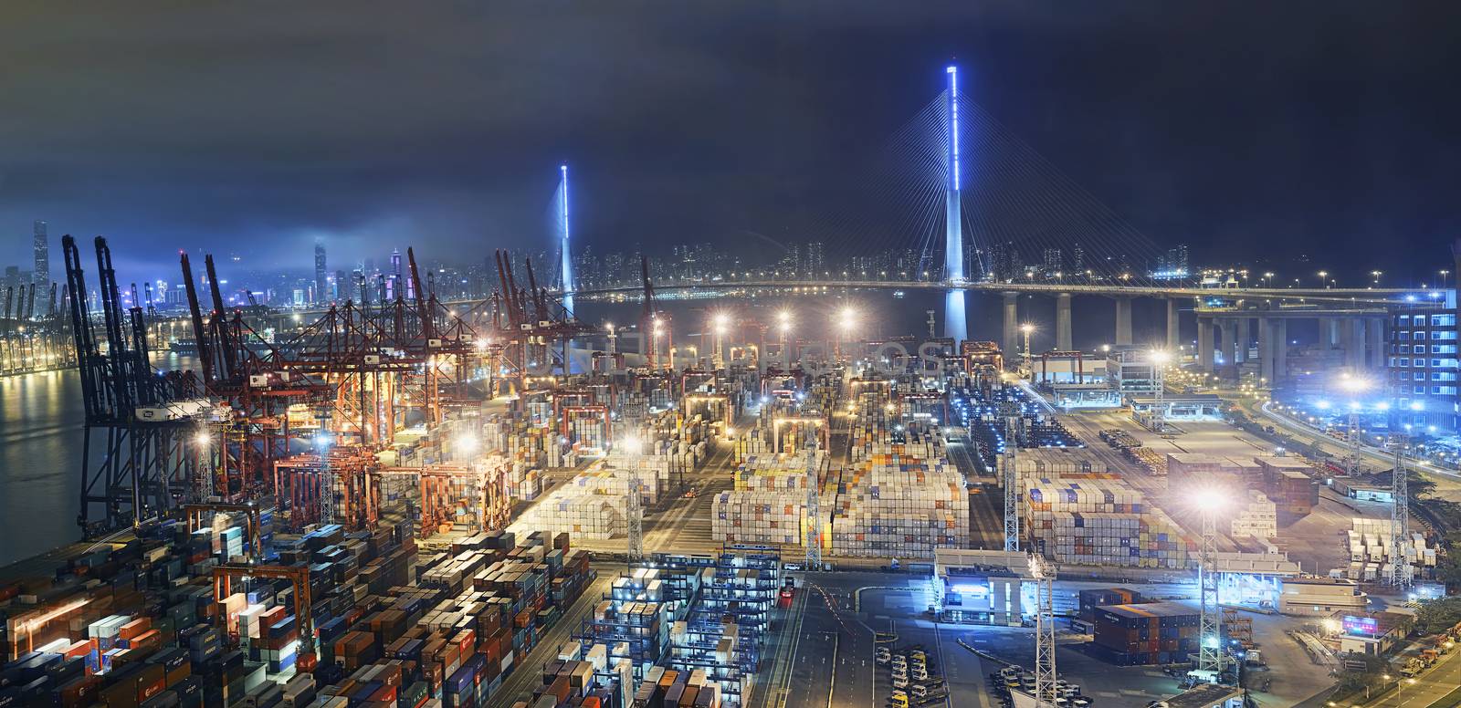 Container port in Hong Kong at night 