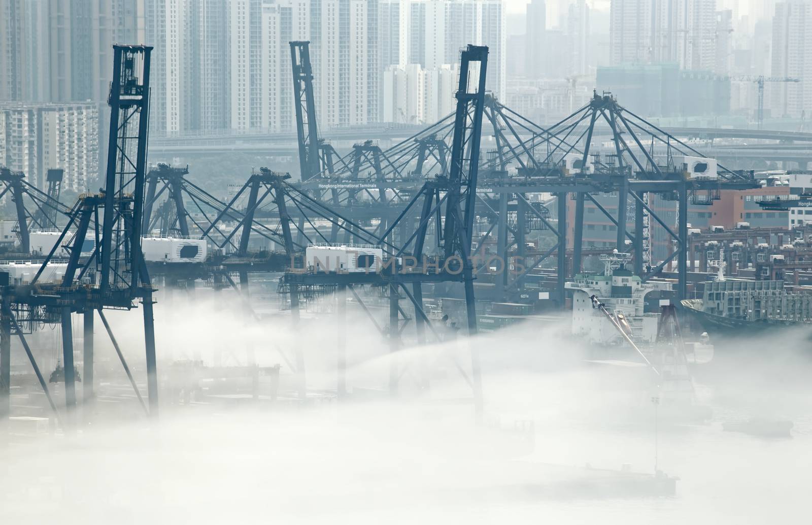 Hong Kong cargo port in mist