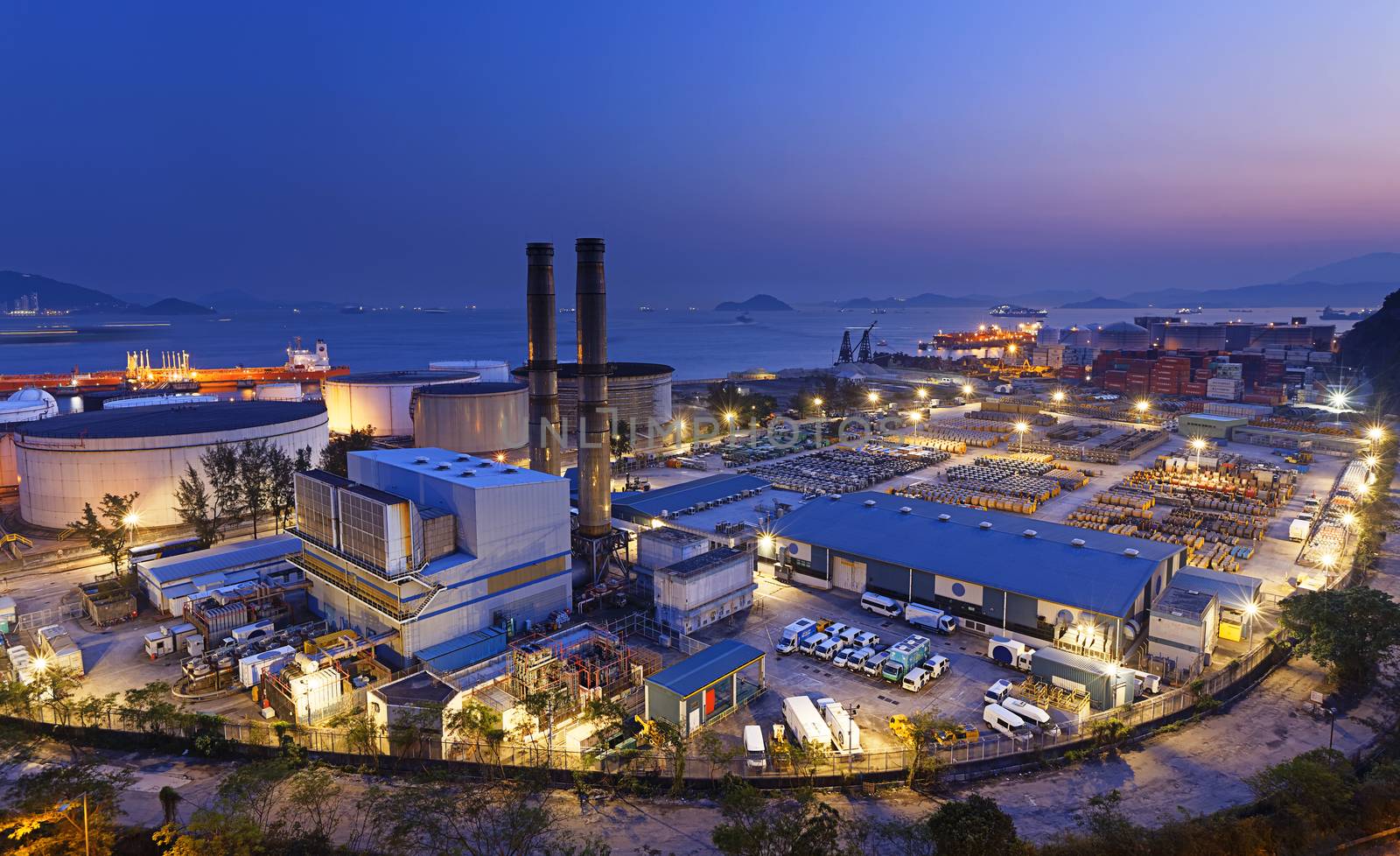 petrochemical industrial plant at night , Coal power station at Hong Kong