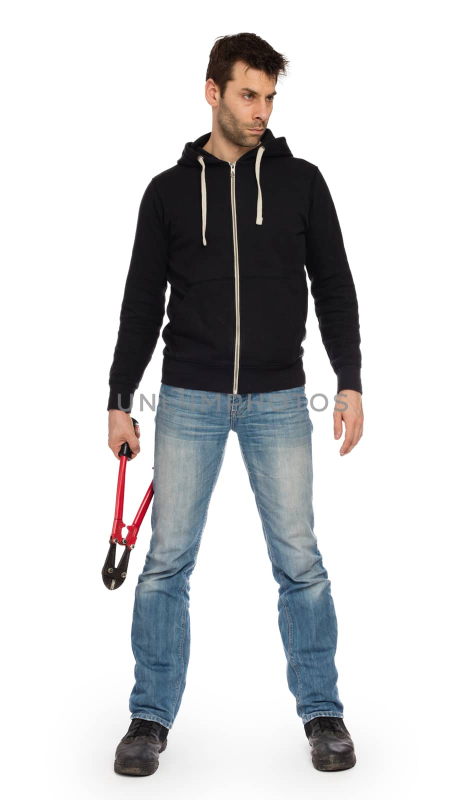 Robber with red bolt cutters, isolated on white