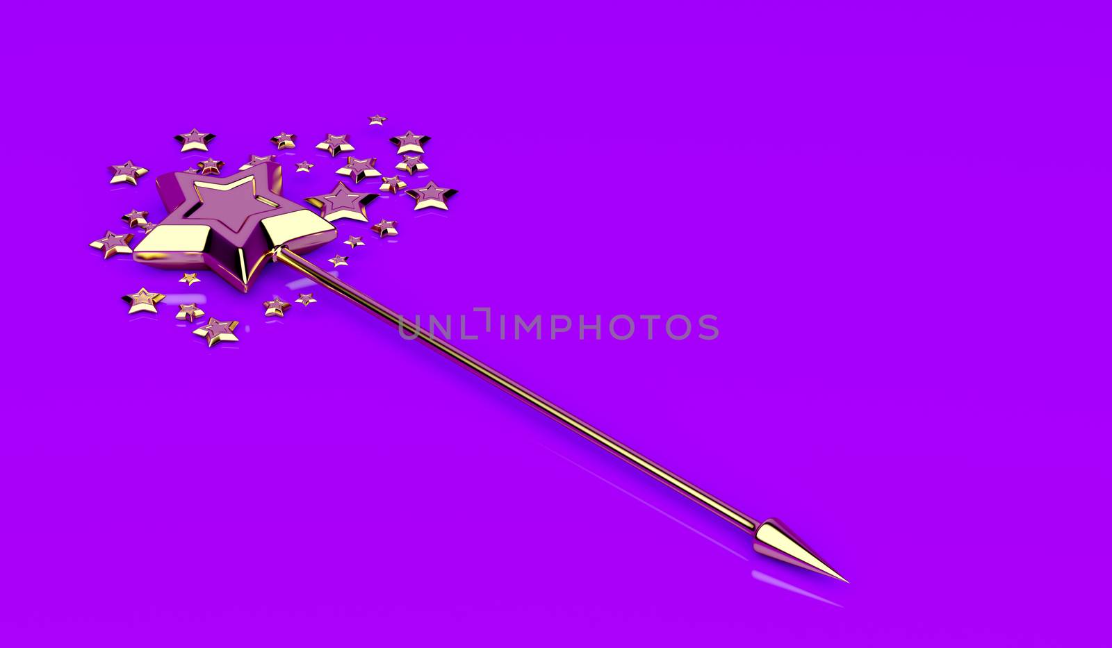 Golden magic wand with stars on shiny purple background