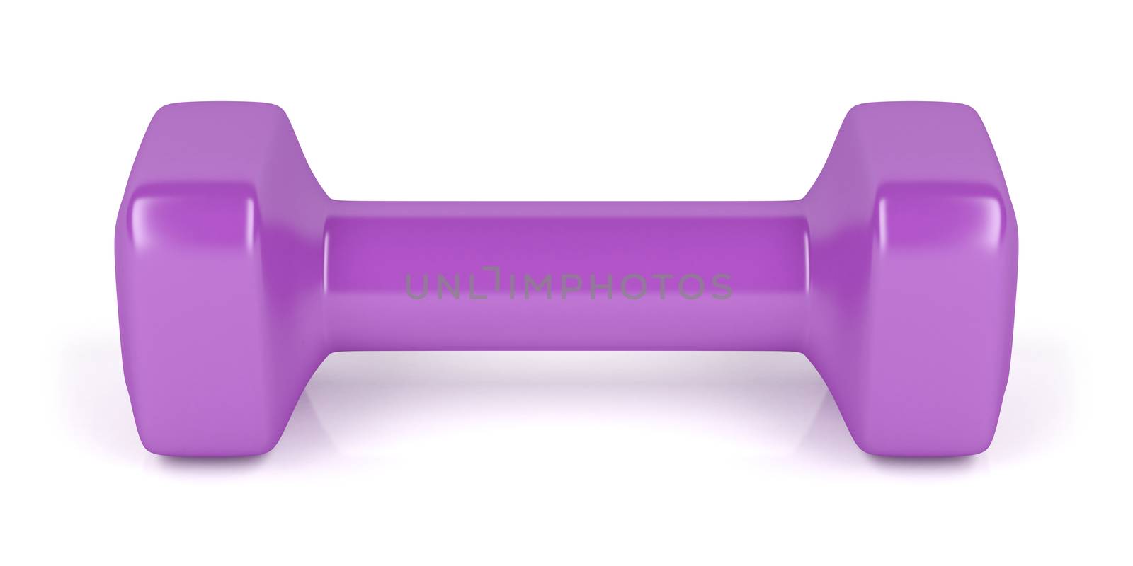 Front view of pink plastic dumbbell on shiny white background 