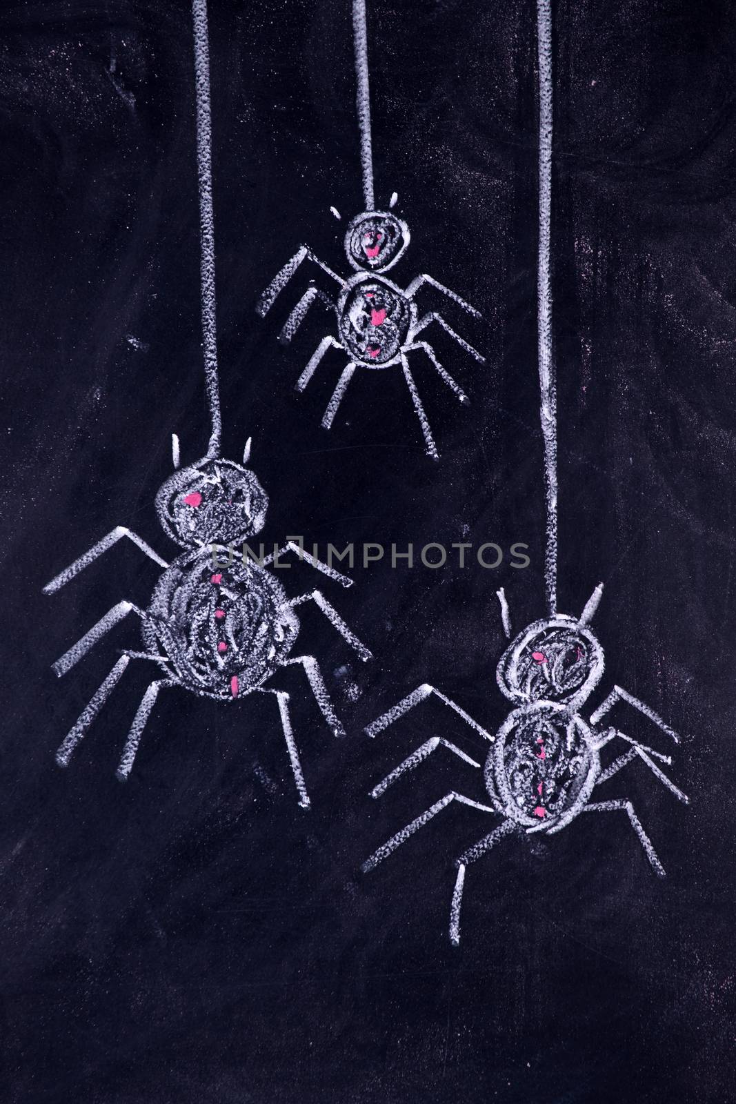 Graphic representation with chalk on the blackboard of arachnophobia fear of spiders