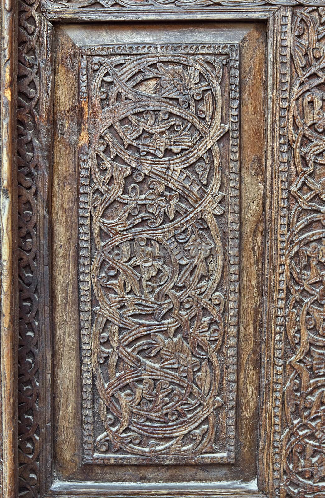 Close-up of a traditional carved wooden door, Uzbekistan
