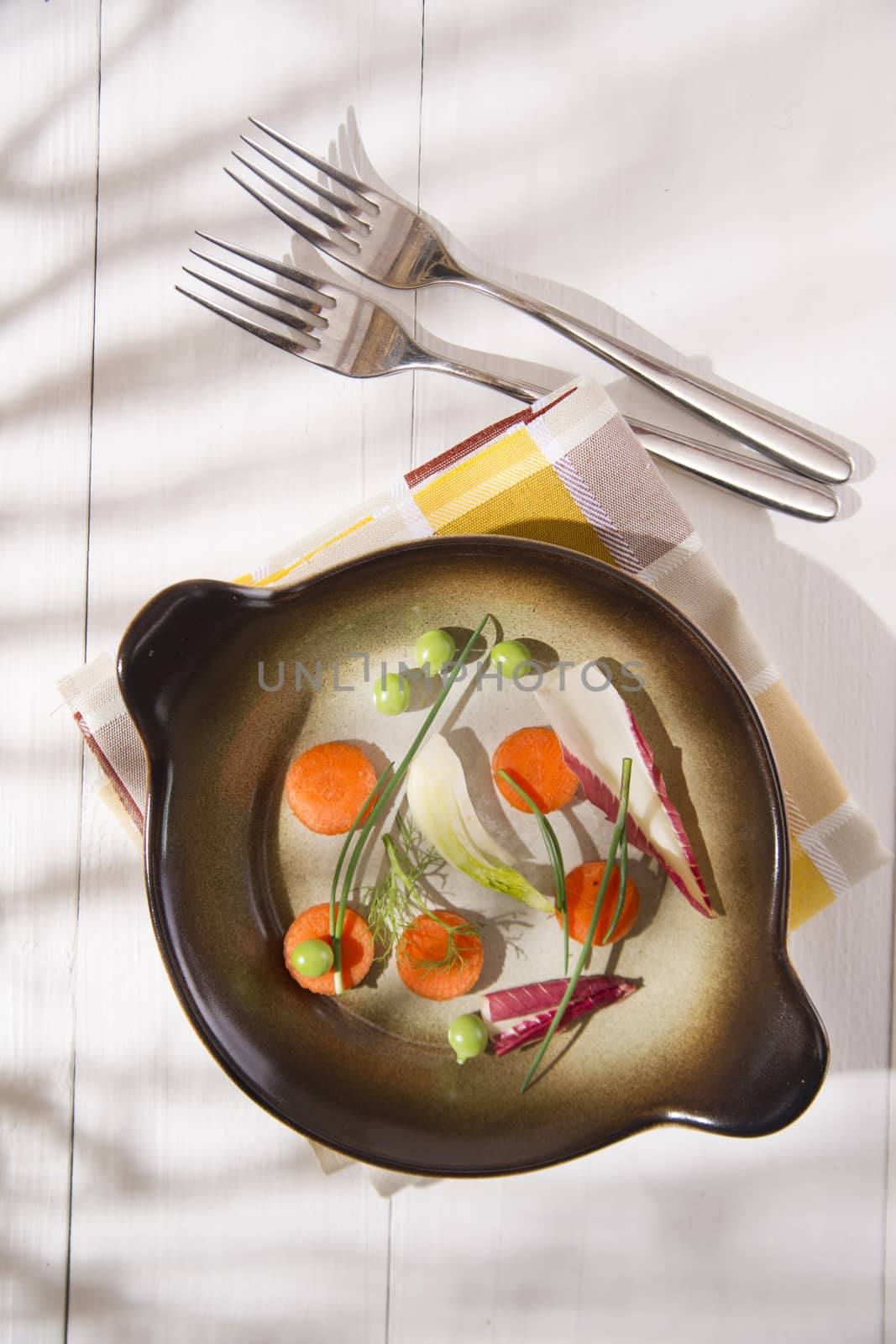 Presentation of mixed salad with peas, carrots and fennel