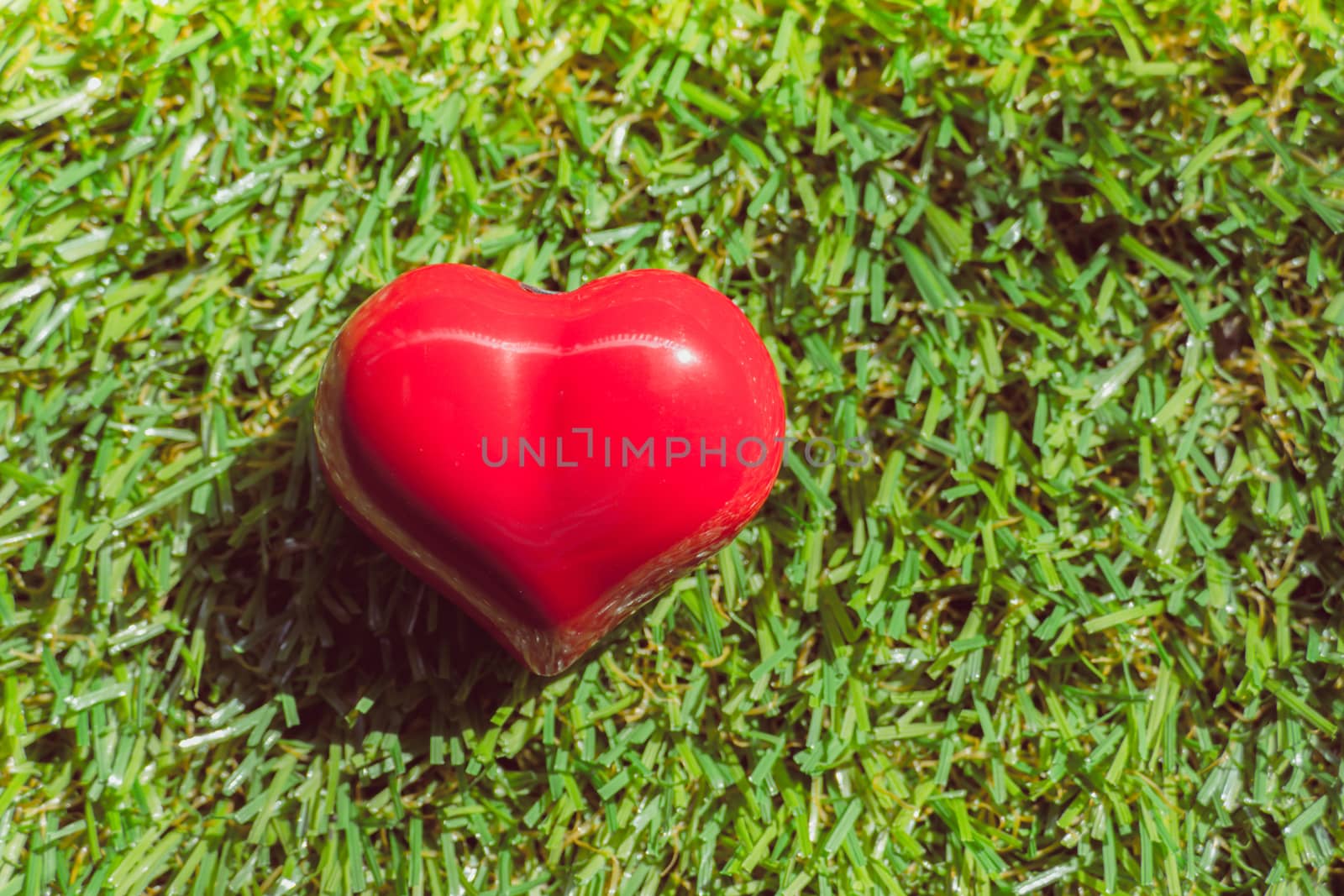 closeup of a red heart on the grass by teerawit
