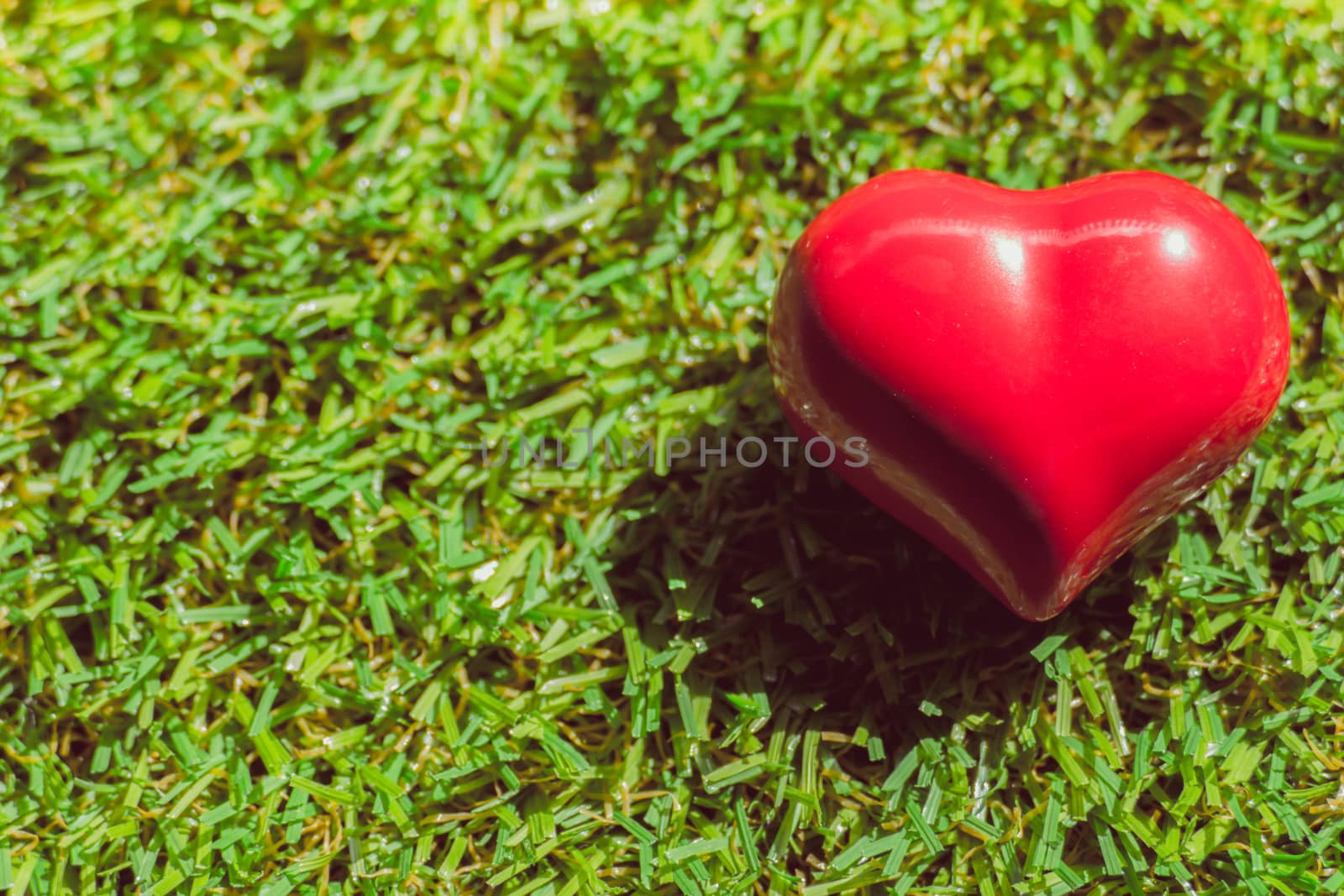 closeup of a red heart on the grass by teerawit