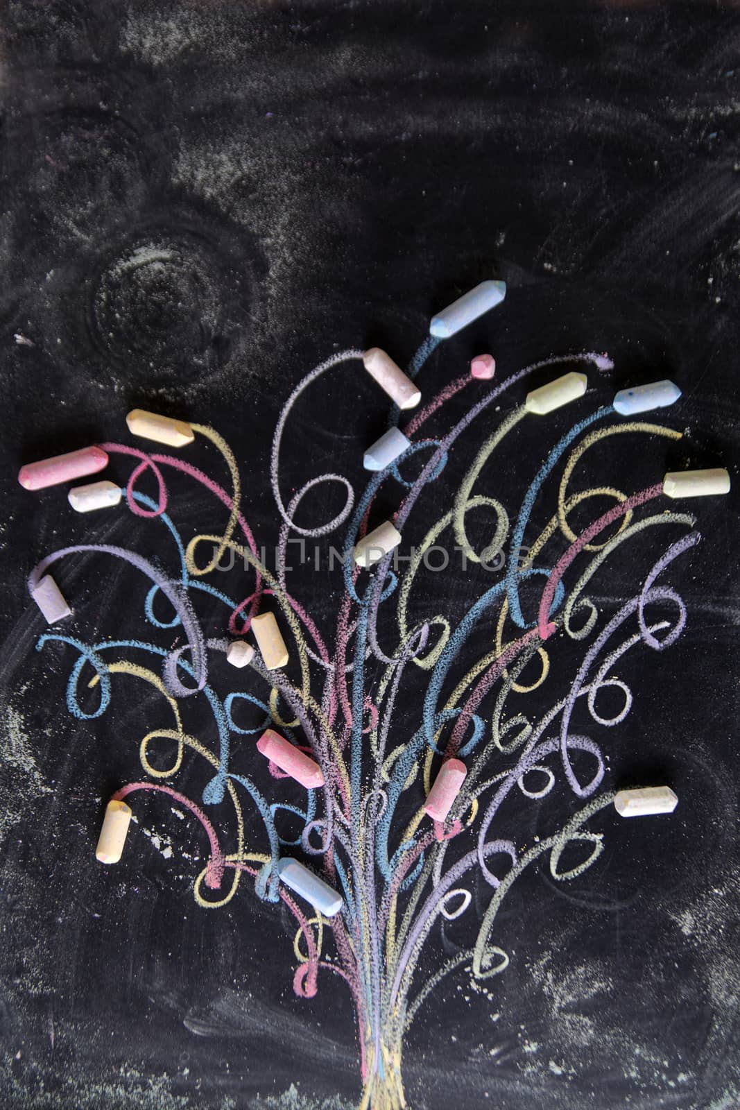 Representation drawn with chalk on the blackboard of a colorful tree