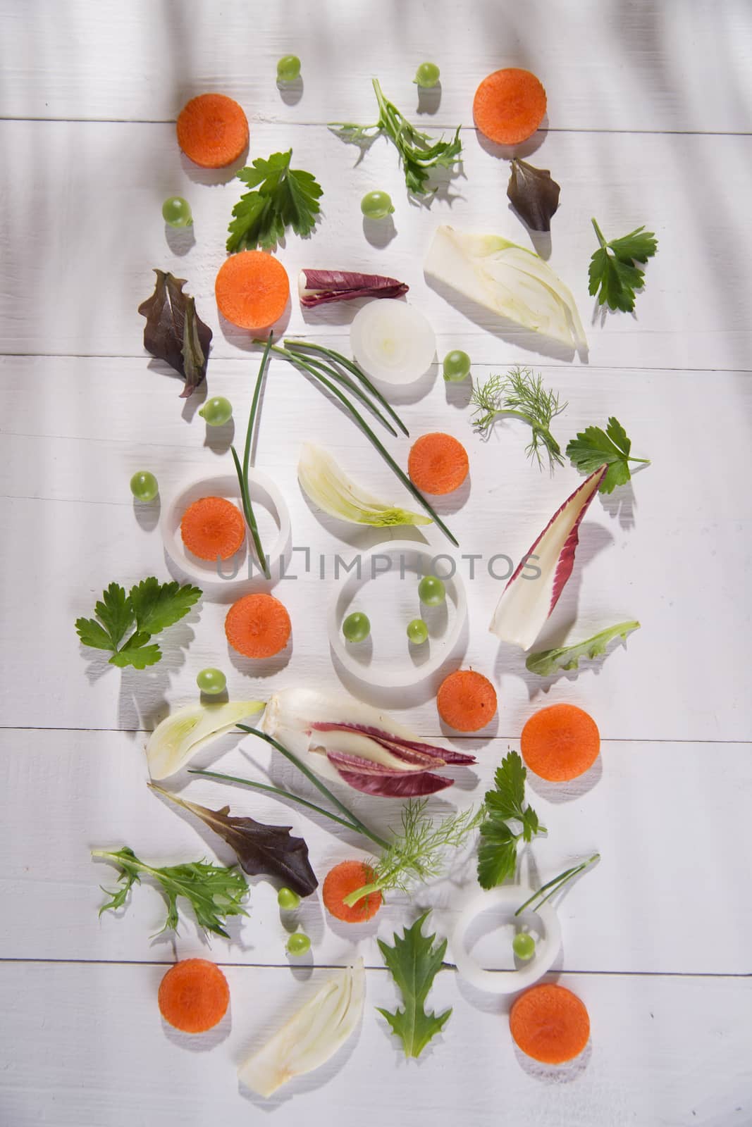 Presentation of mixed salad with peas, carrots and fennel