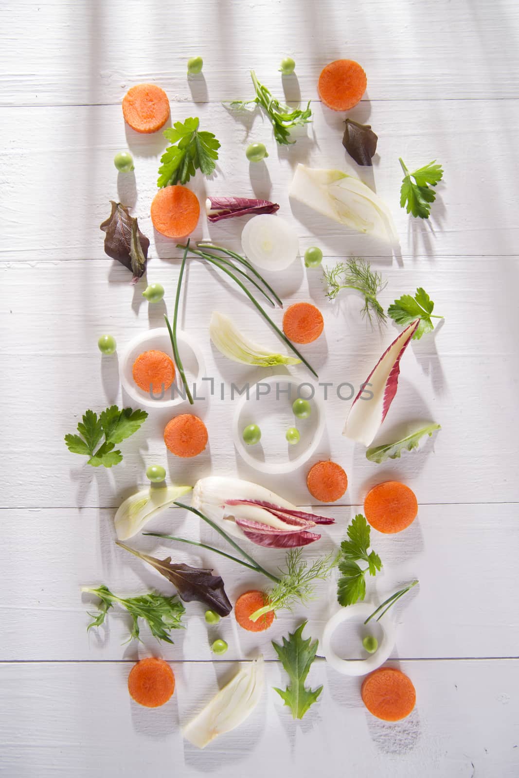 Presentation of mixed salad with peas, carrots and fennel